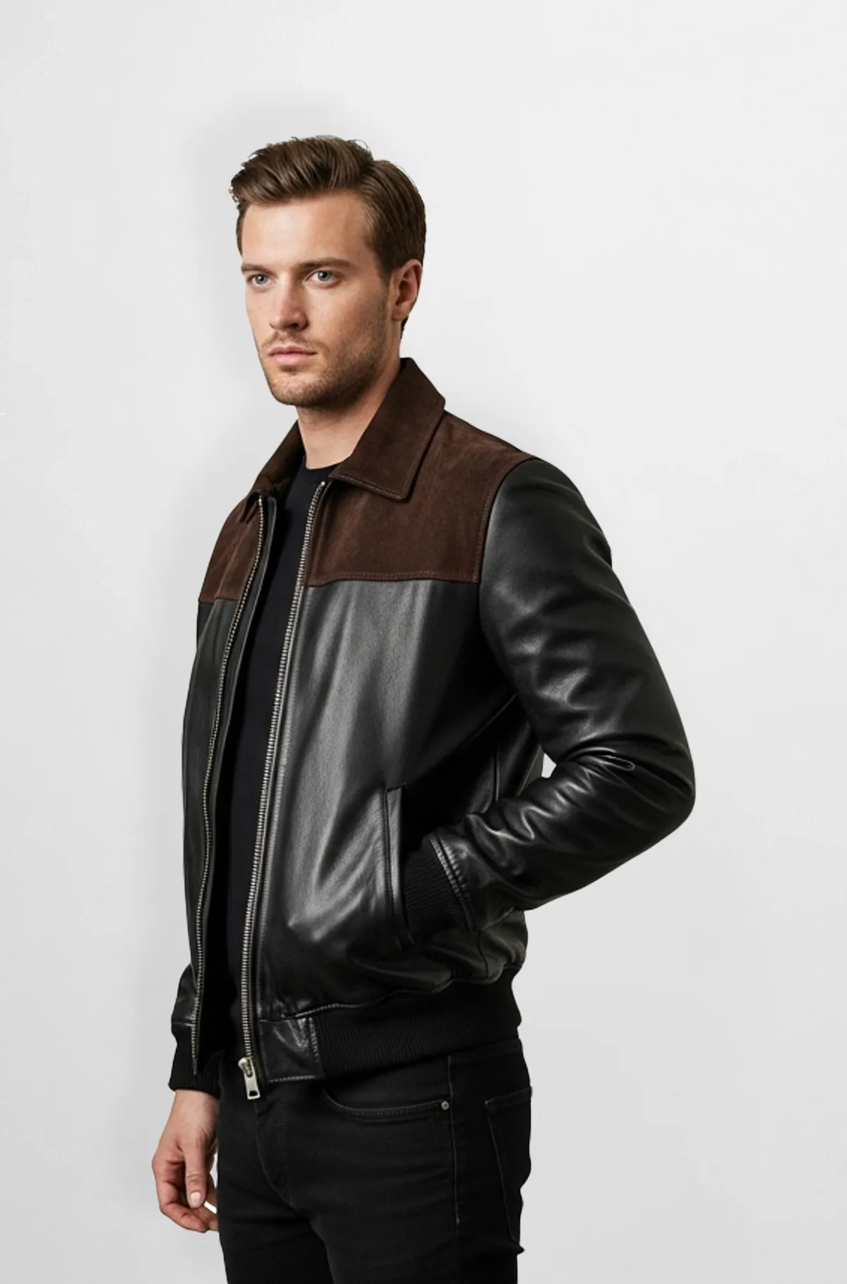 Black Leather And Brown Suede Bomber Jacket Black Leather And Brown Suede Bomber Jacket