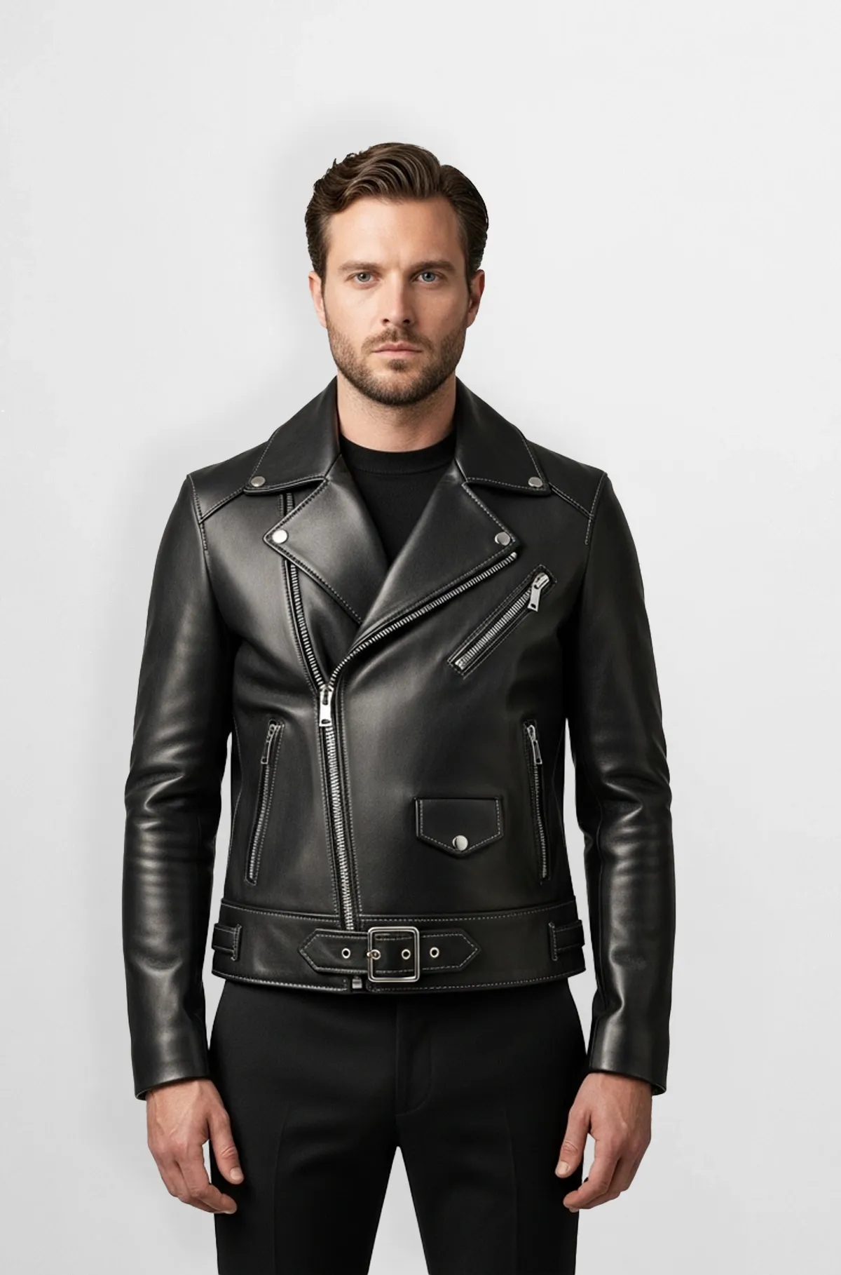 Black Leather Biker Jacket for Men