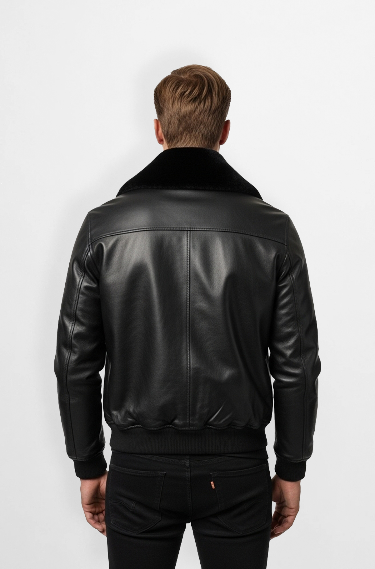 Black Leather Bomber Jacket with Fur Collar