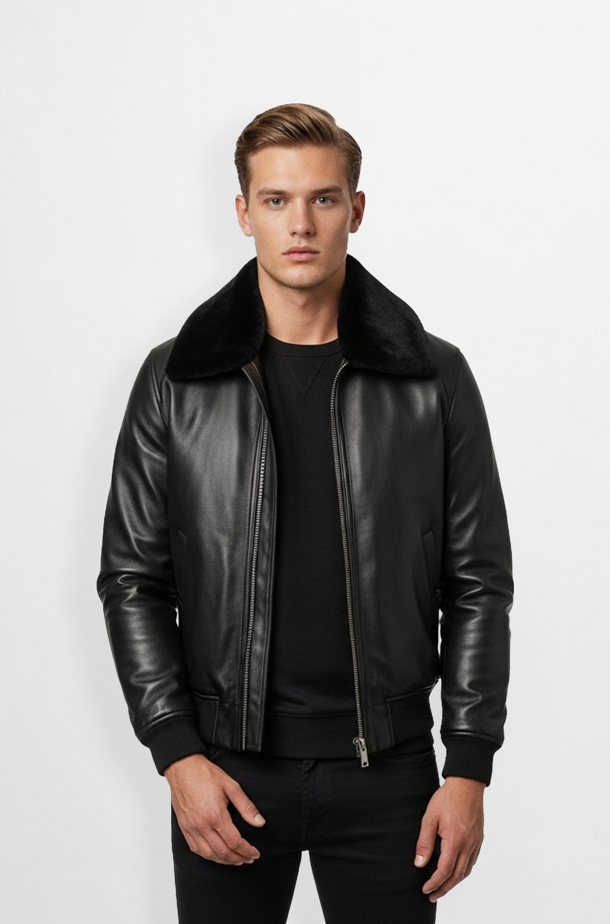 Black Leather Bomber Jacket with Fur Collar