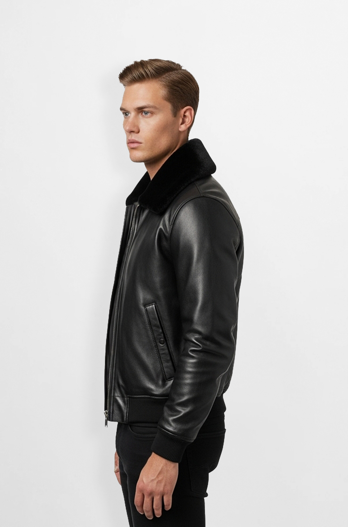 Black Leather Bomber Jacket with Fur Collar