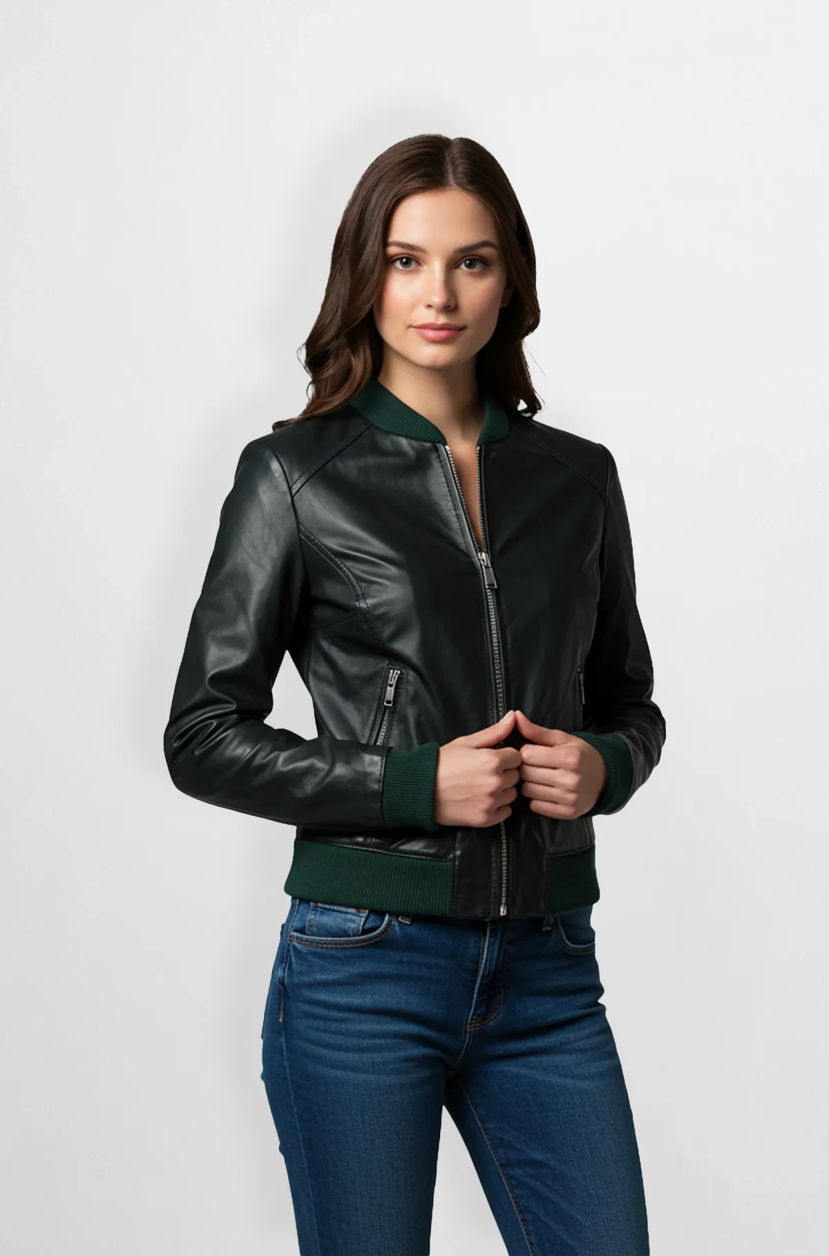 Black Leather Bomber Jacket with Green Knit Cuffs