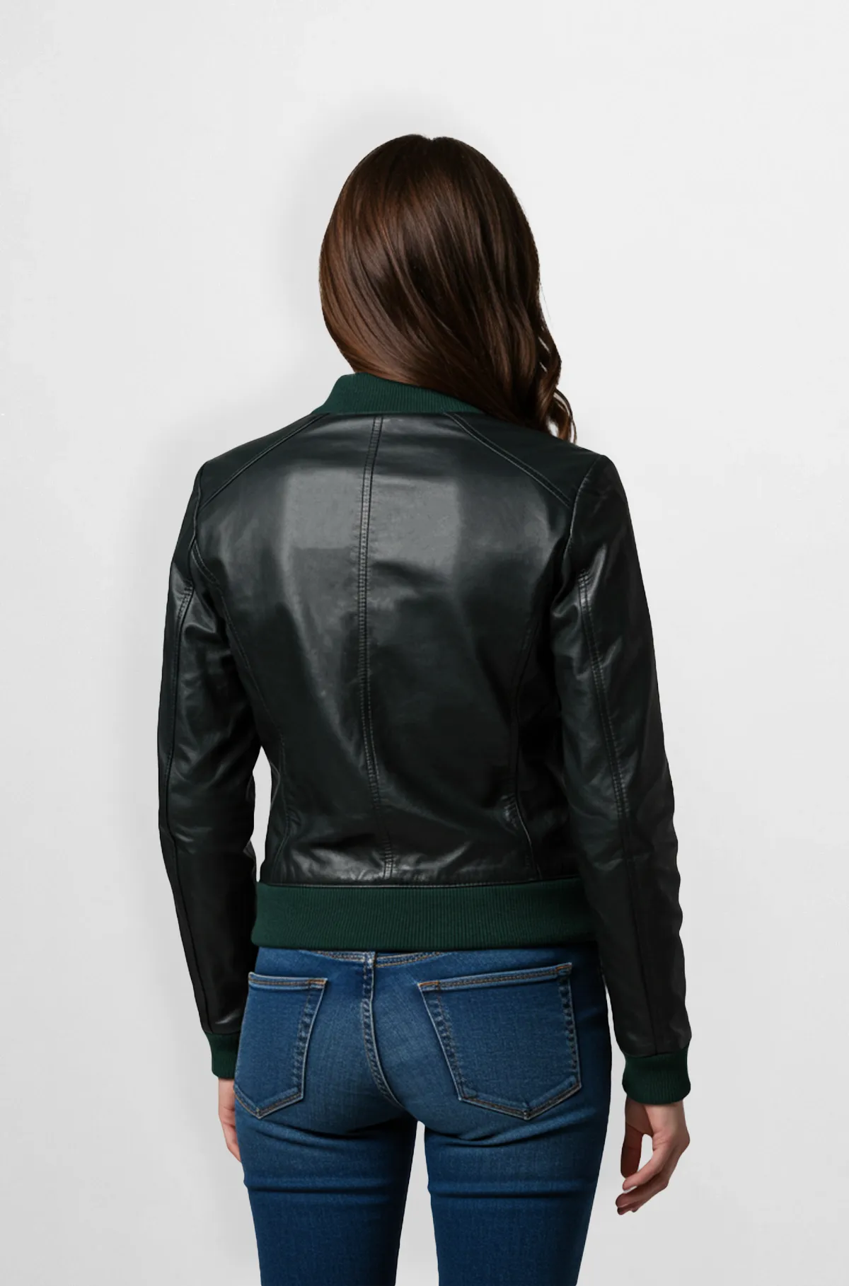 Black Leather Bomber Jacket with Green Knit Cuffs