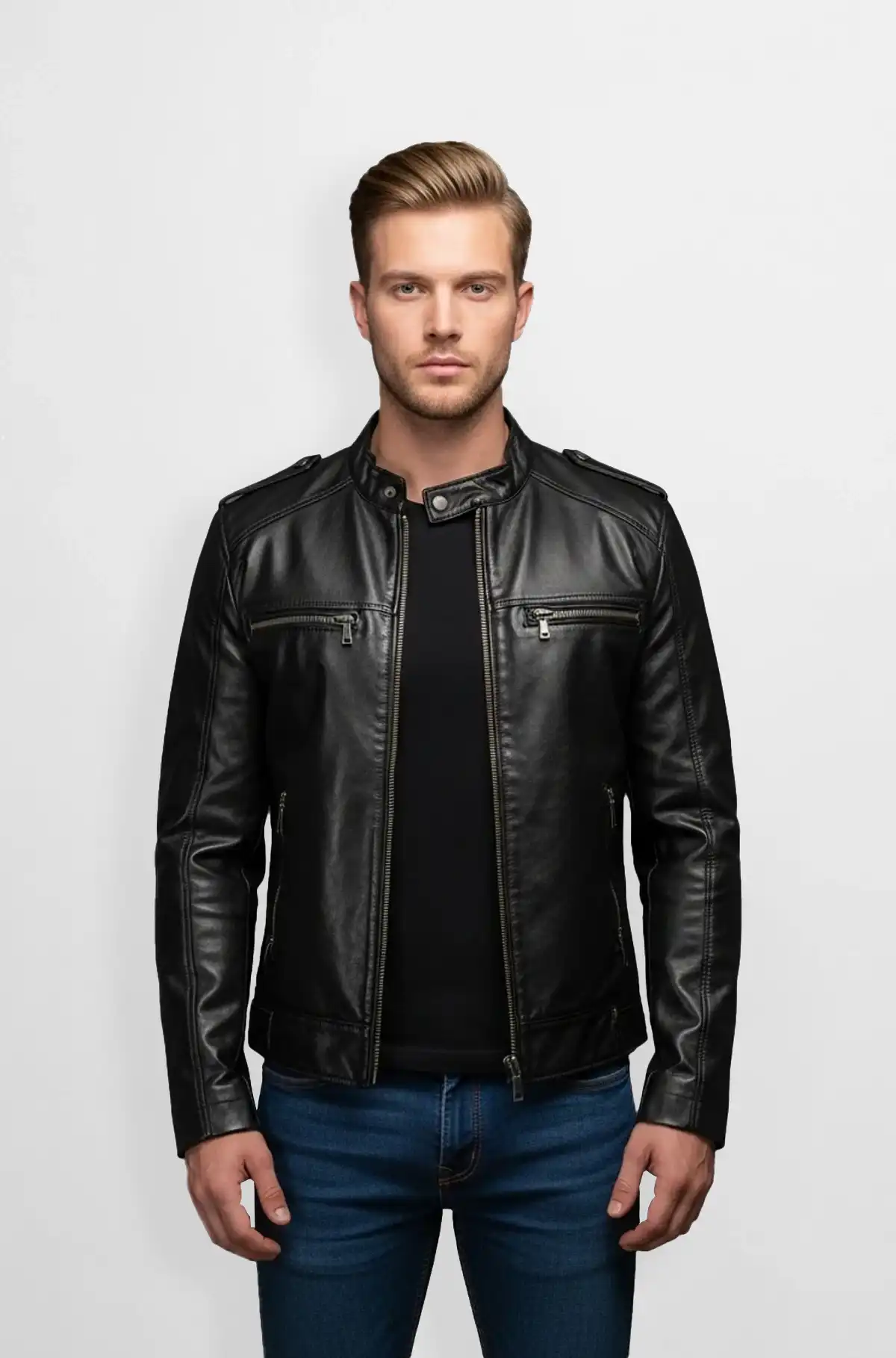 Black Leather Motorcycle Jacket for Men