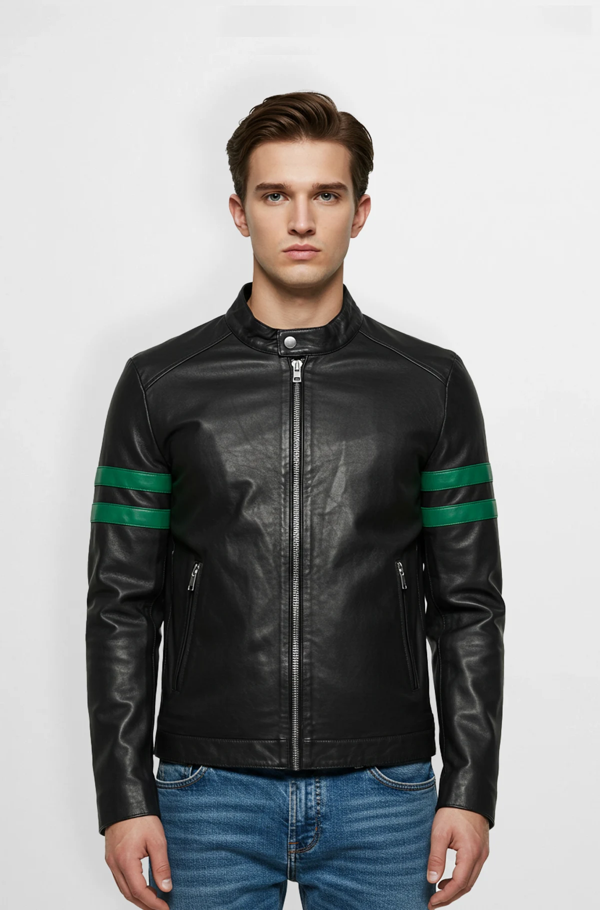 Black Leather Racer Jacket with Green Stripes