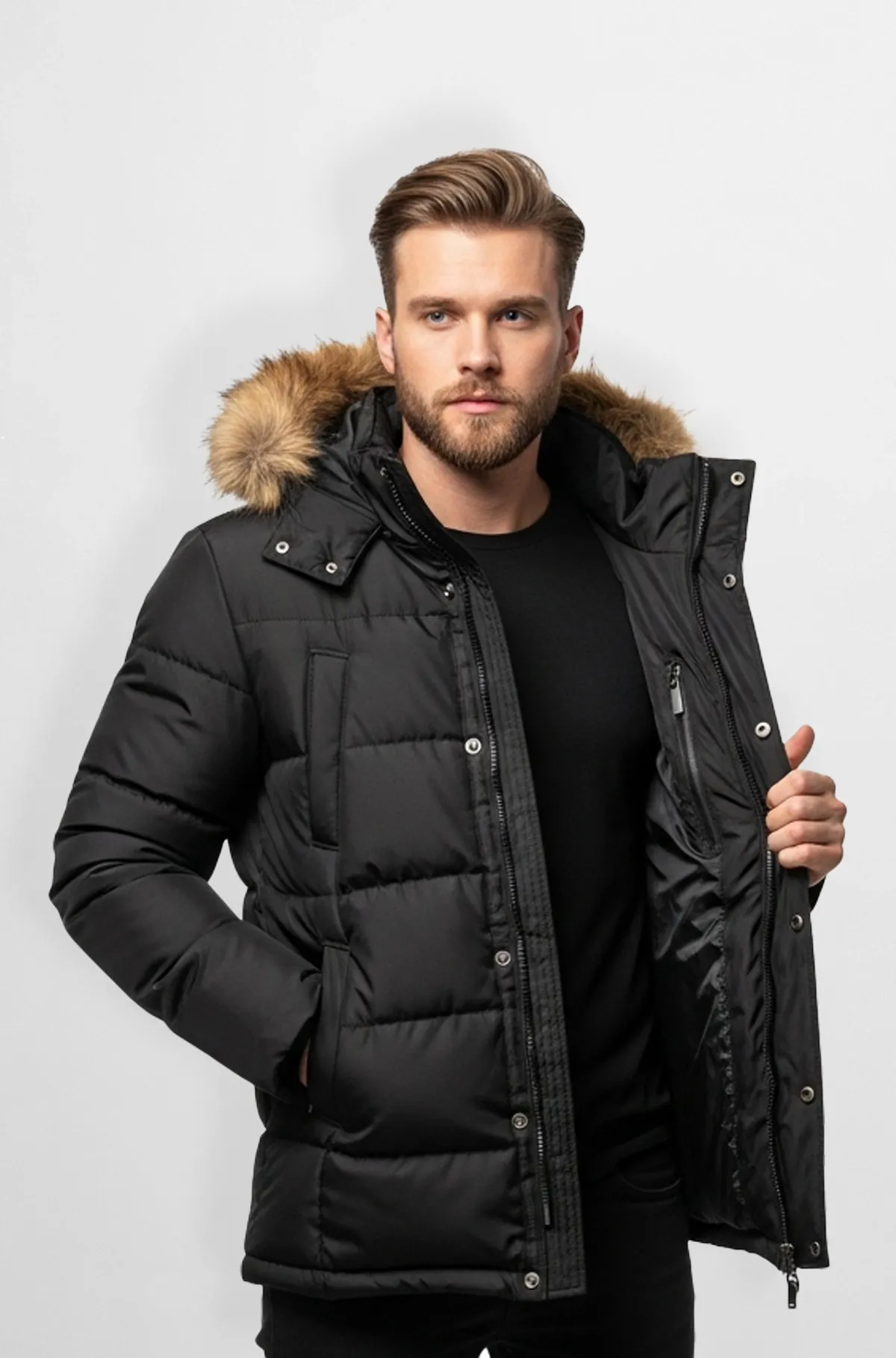 Black Puffer Jacket with Fur Hood