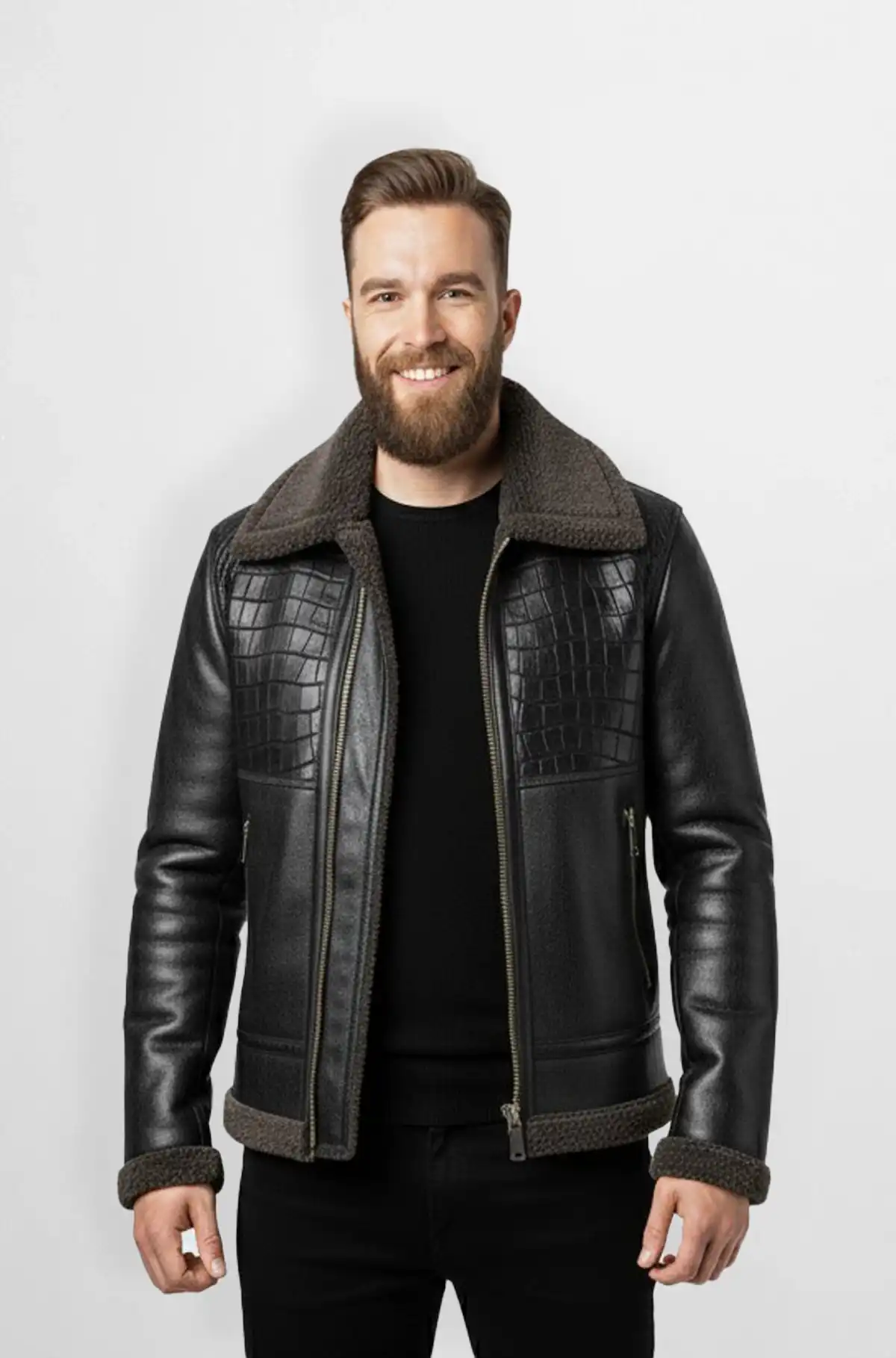 Black Python Aviator Leather Jacket