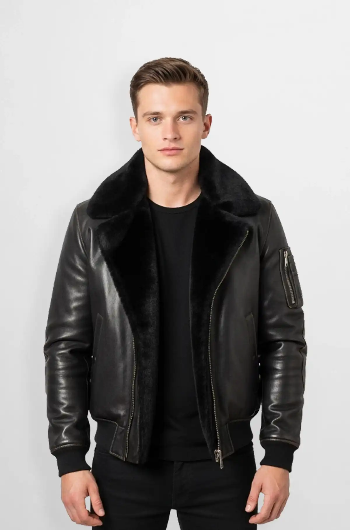 Black Shearling Leather Bomber Jacket