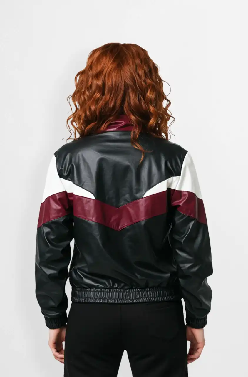 Black and Burgundy Leather Bomber Jacket with Color Block Design