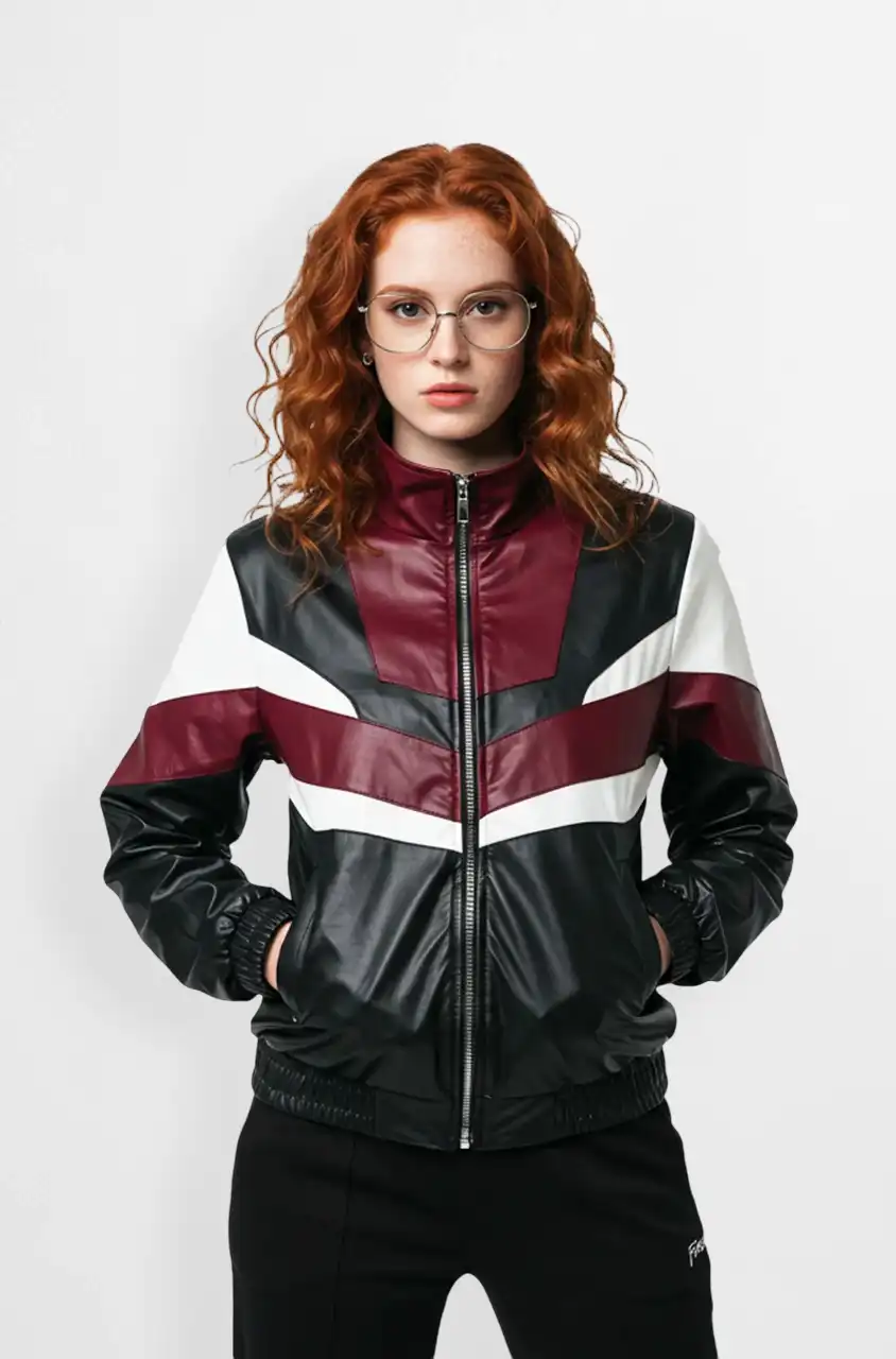 Black and Burgundy Leather Bomber Jacket with Color Block Design