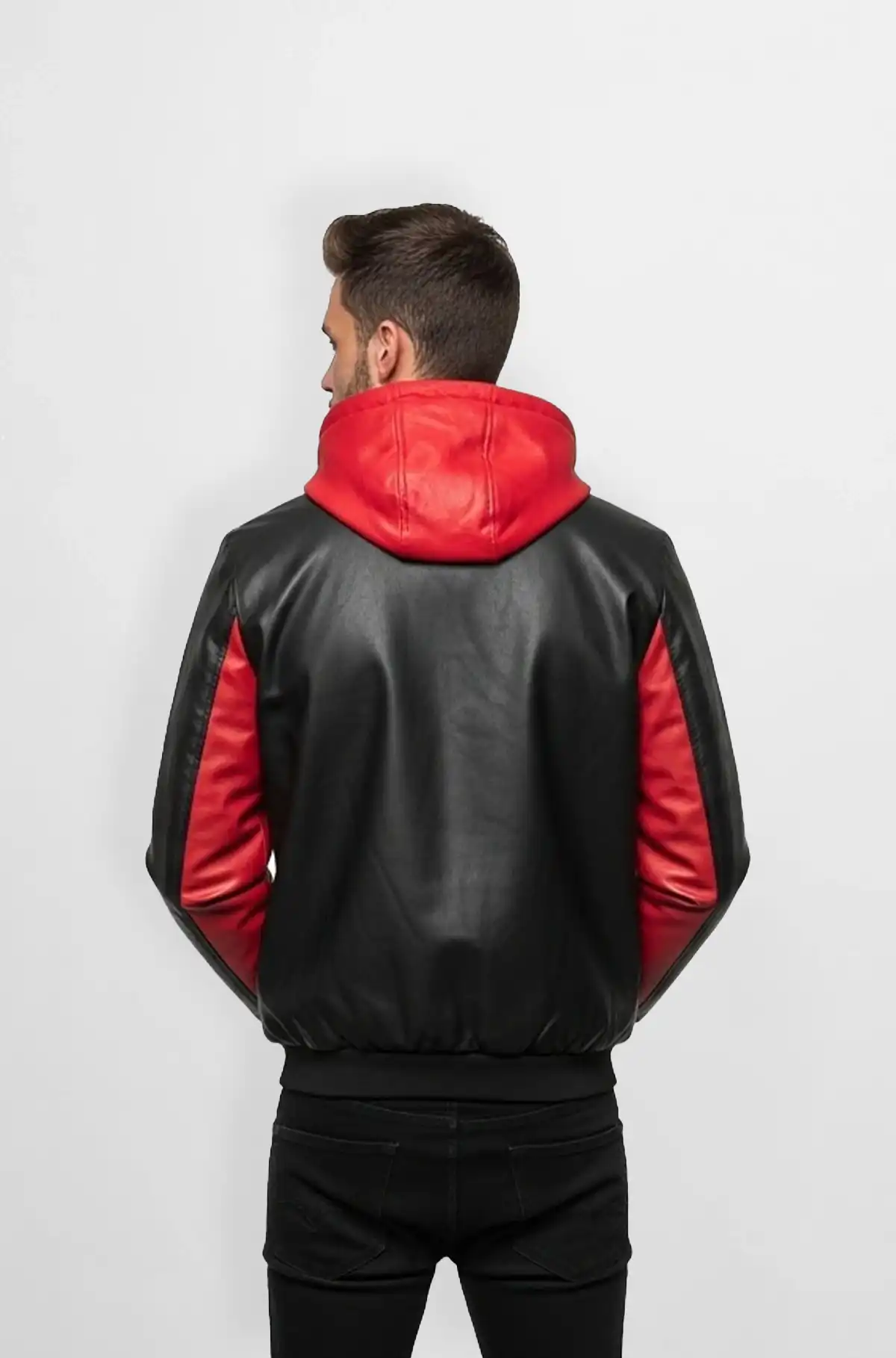 Black and Red Hooded Leather Jacket for Men