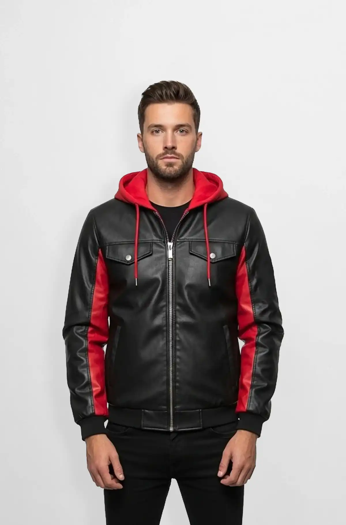 Black and Red Hooded Leather Jacket for Men