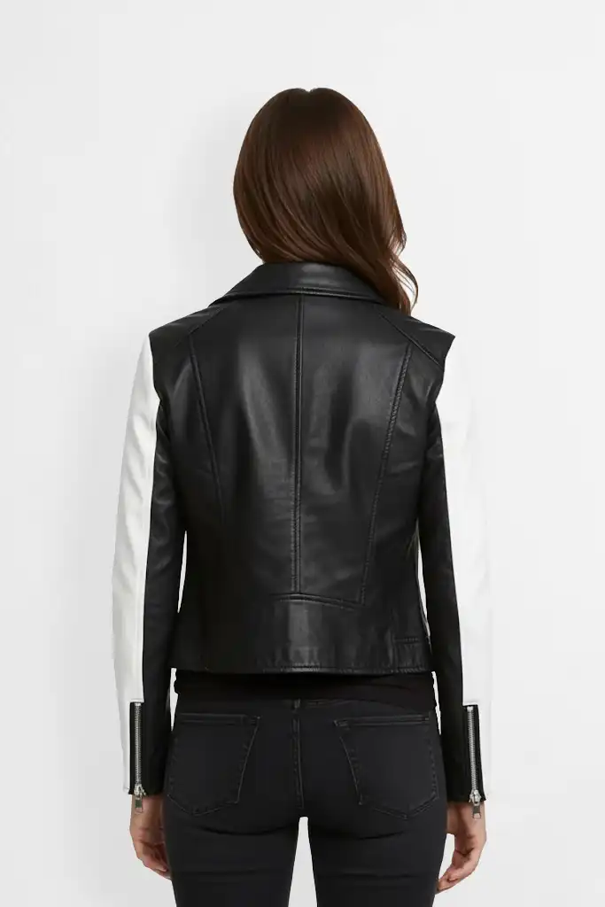 Black and White Leather Biker Jacket for Women