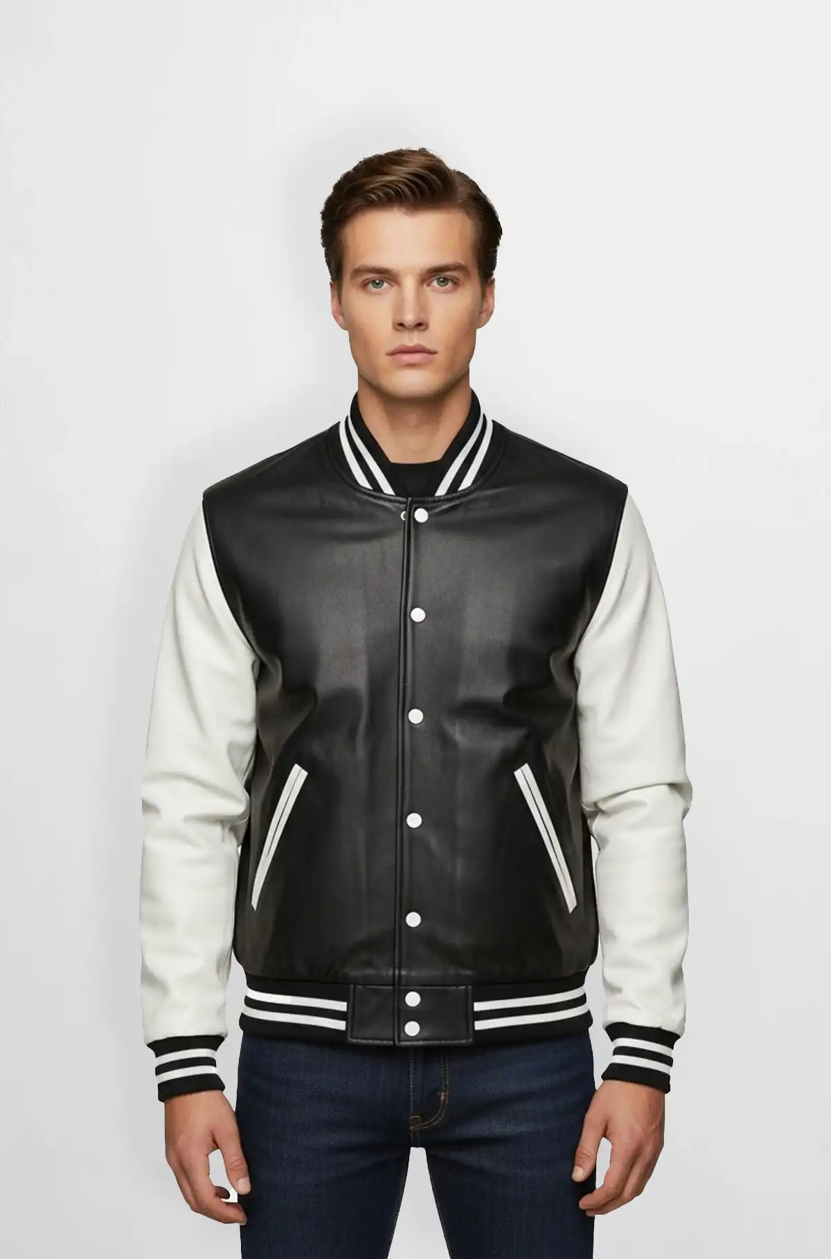 Black and White Varsity Leather Jacket Monochrome Drive