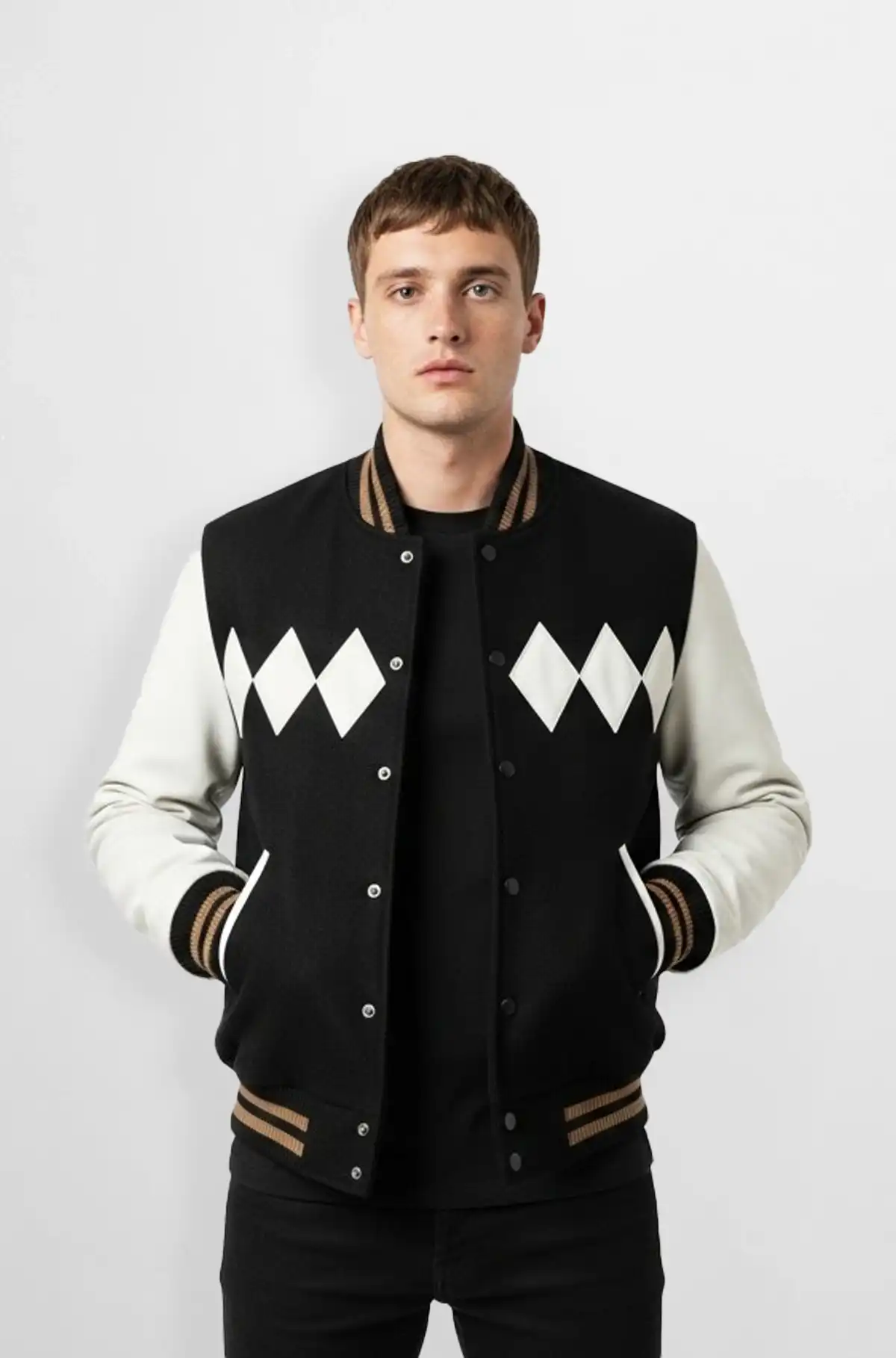 Black and White Varsity Leather Jacket for Men