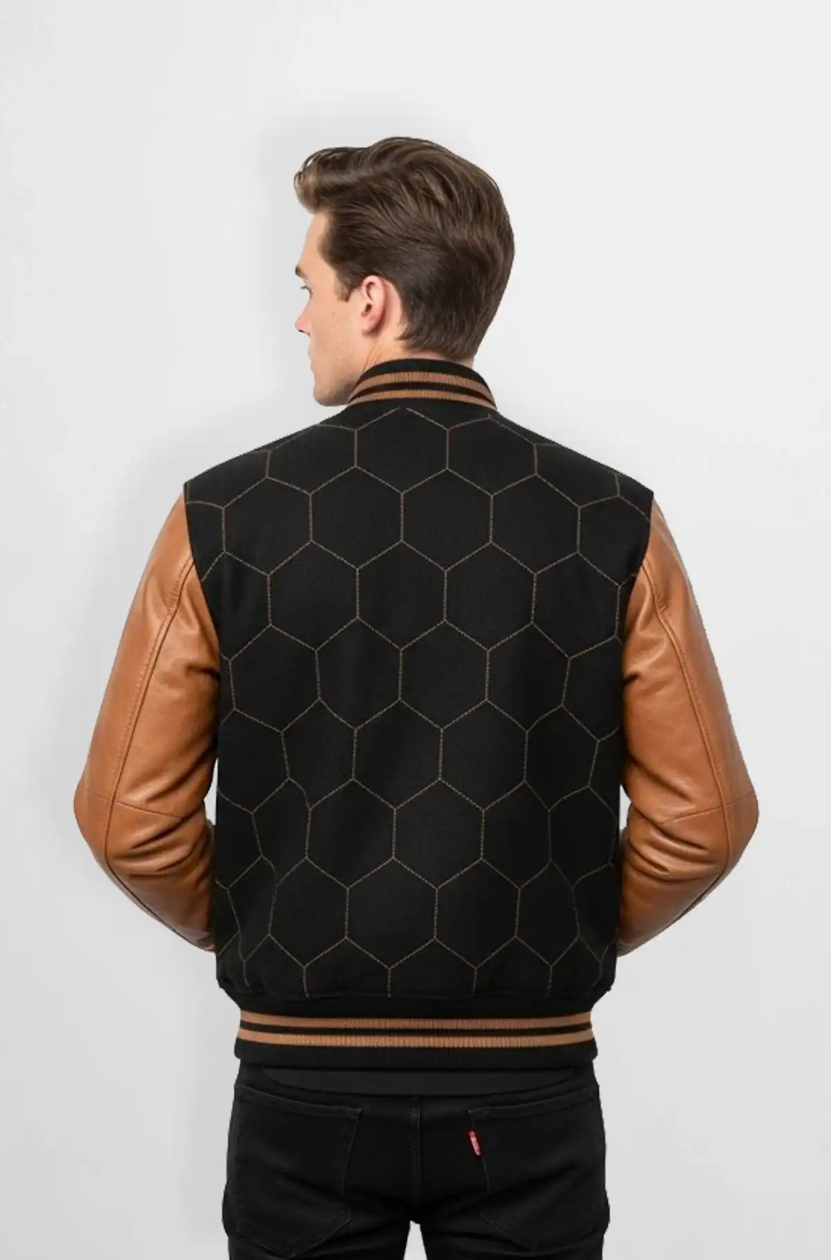 Black body with brown leather sleeves Varsity Leather Jacket