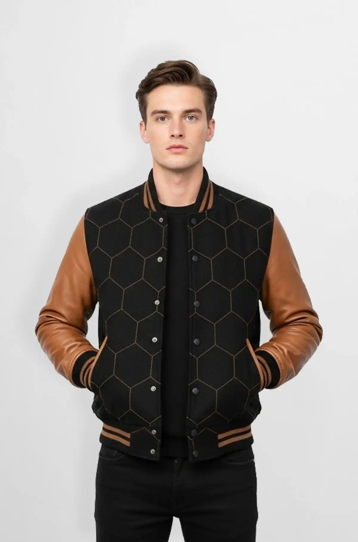 Black body with brown leather sleeves Varsity Leather Jacket