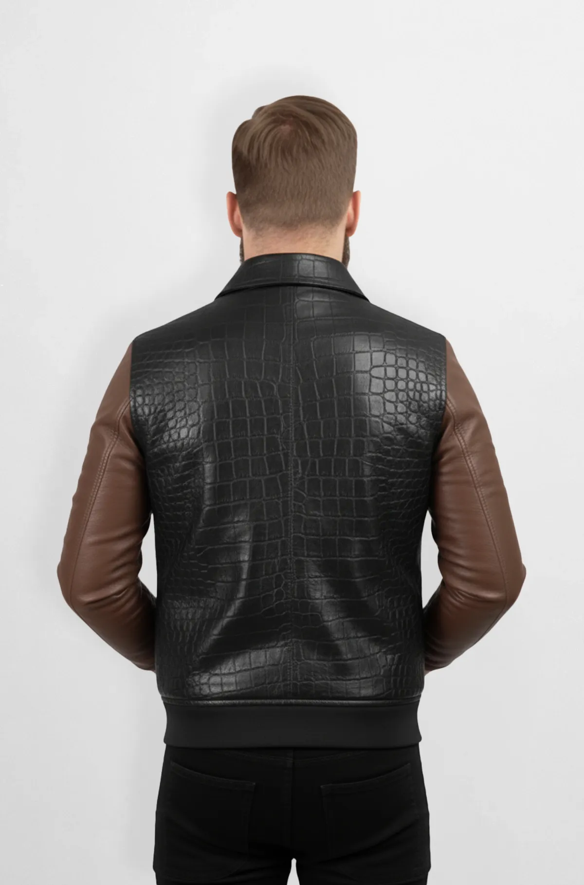 Black with Chocolate Brown Sleeves Crocodile Leather Jacket