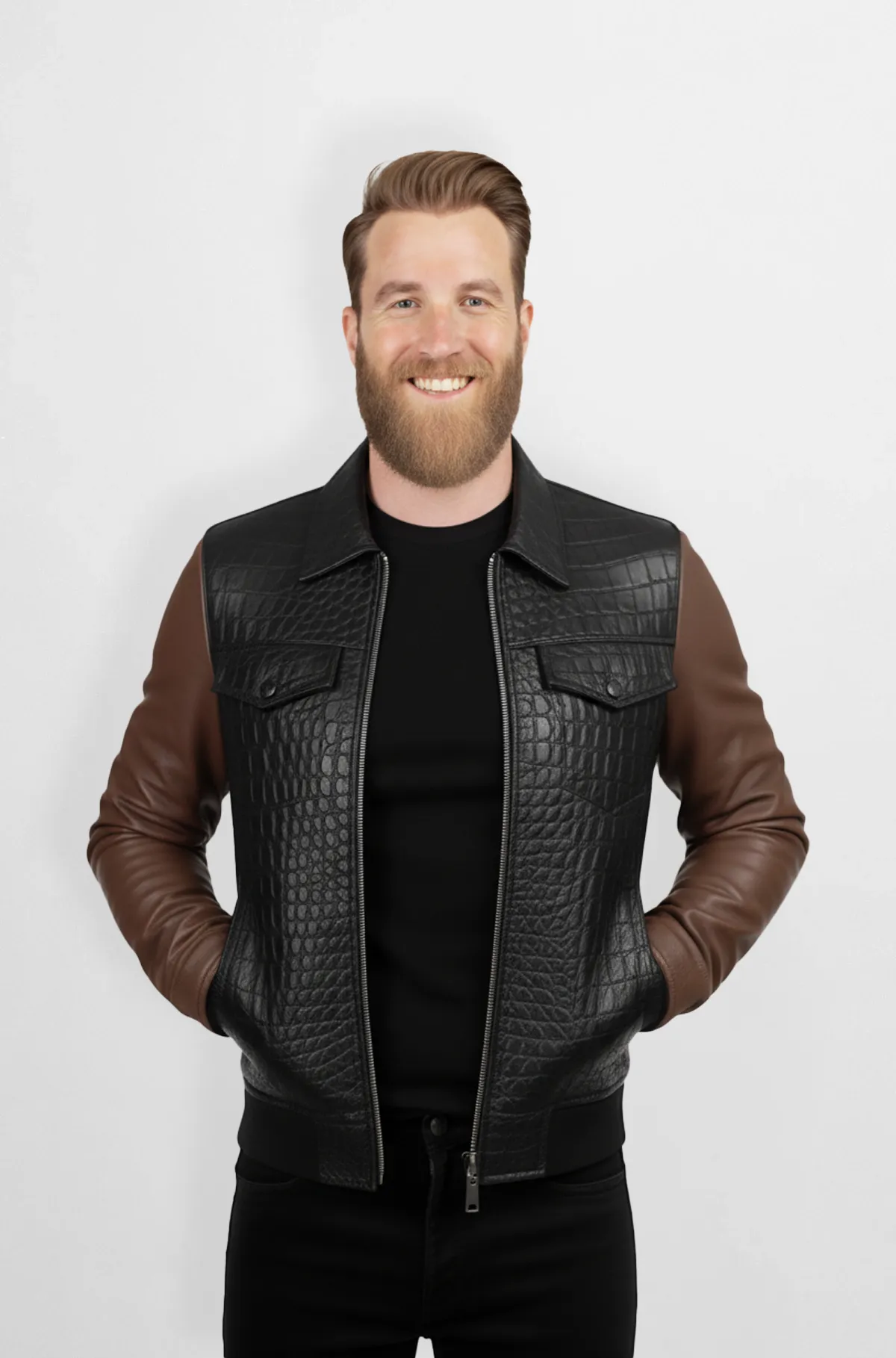 Black with Chocolate Brown Sleeves Crocodile Leather Jacket