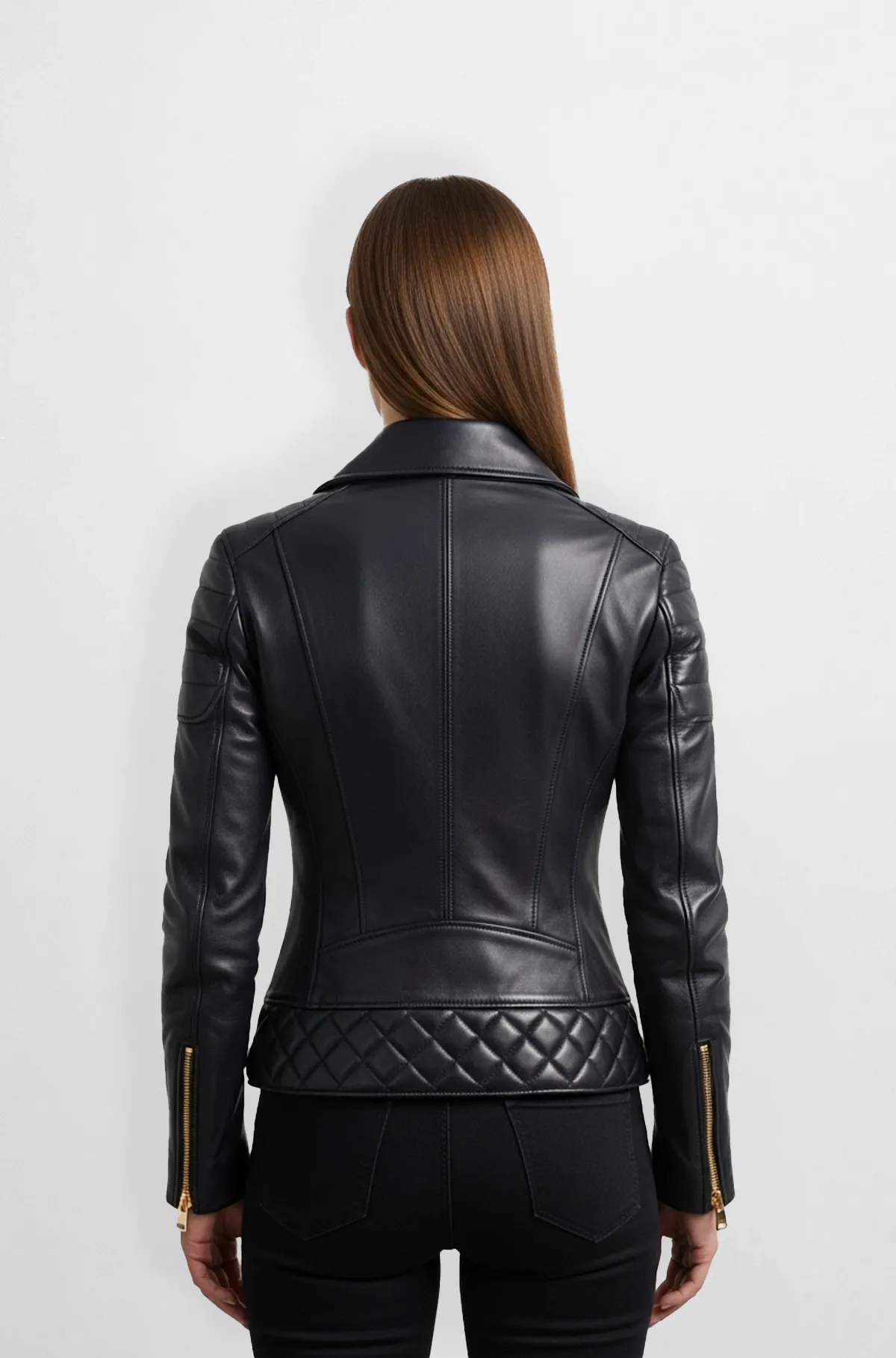 Black with Gold Quilted Leather Motorcycle Jacket for Women