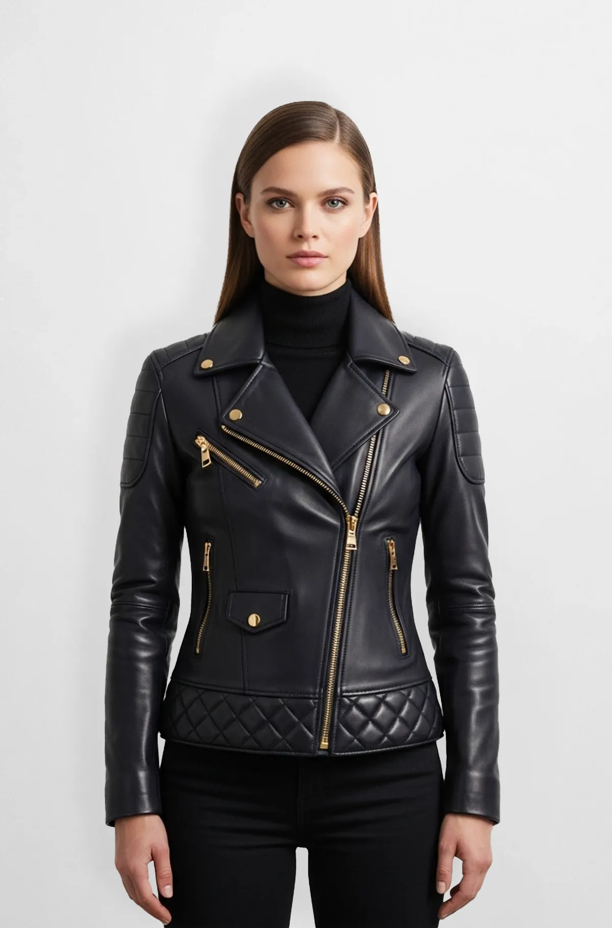 Black with Gold Quilted Leather Motorcycle Jacket for Women