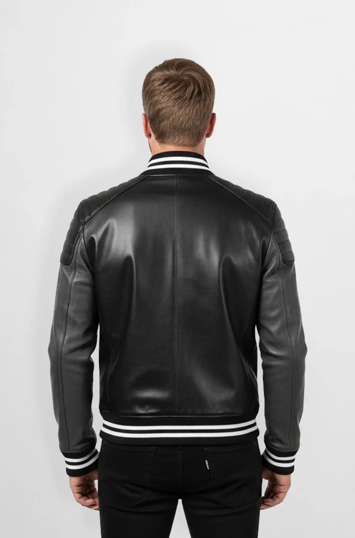 Black with White Stripes Two Tone Leather Bomber Jacket