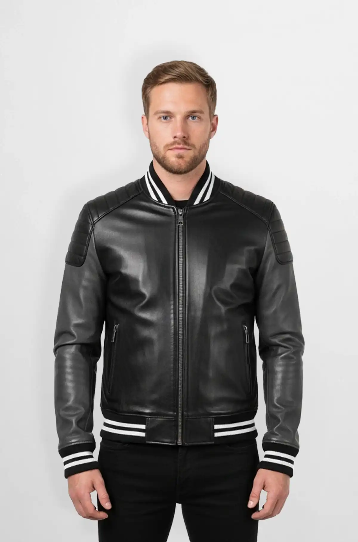 Black with White Stripes Two Tone Leather Bomber Jacket