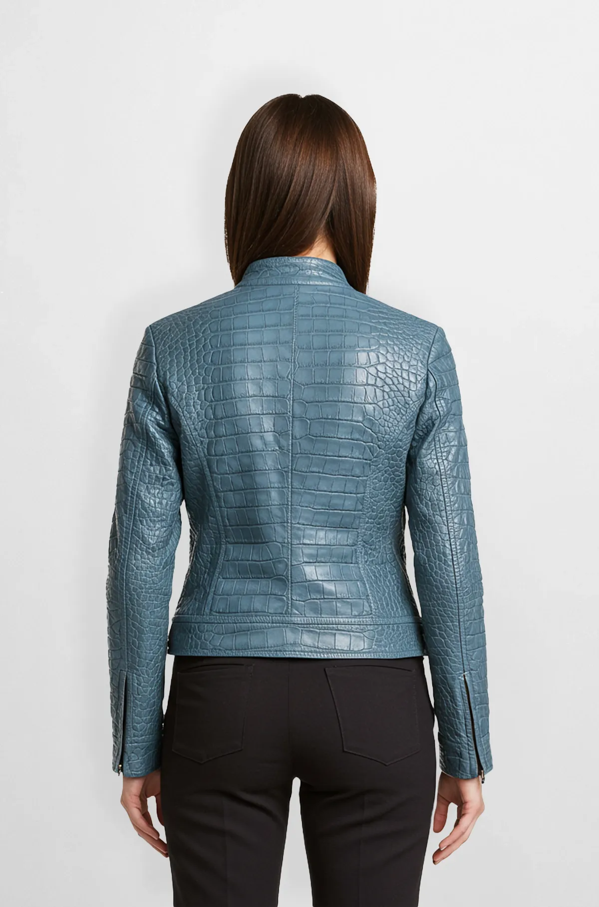 Blue Croc-Textured Leather Jacket
