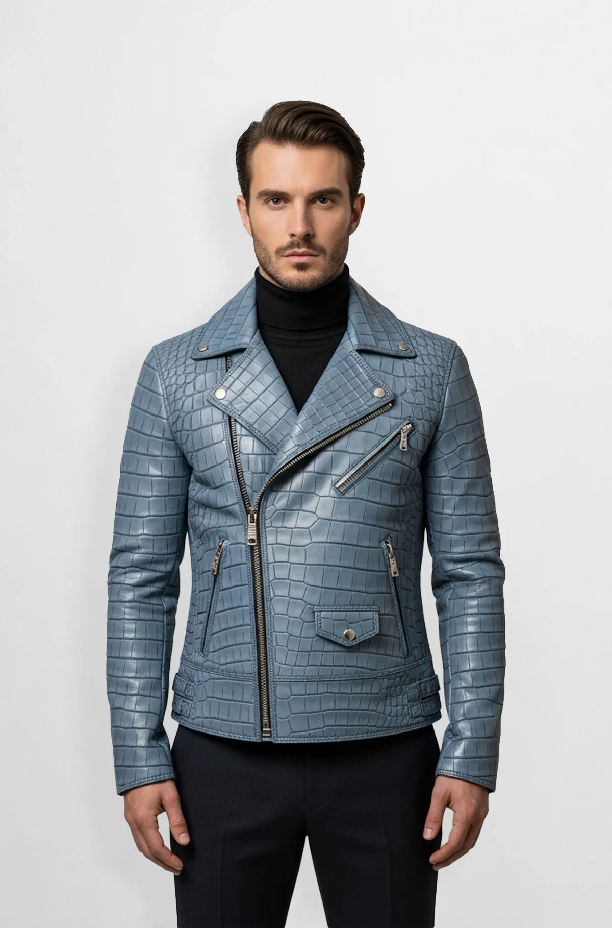 Blue CrocoRider Luxe Biker Jacket