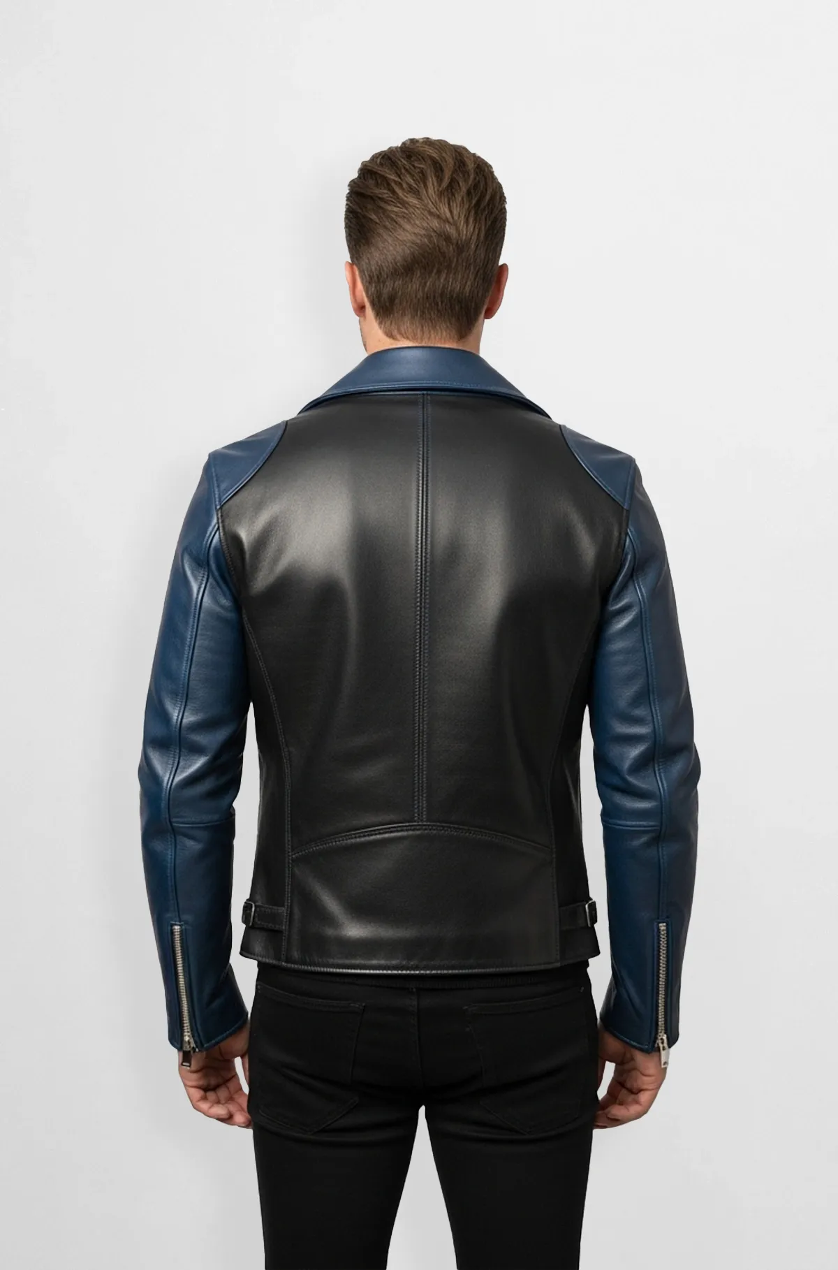 Blue and Black Leather Biker Jacket for Men