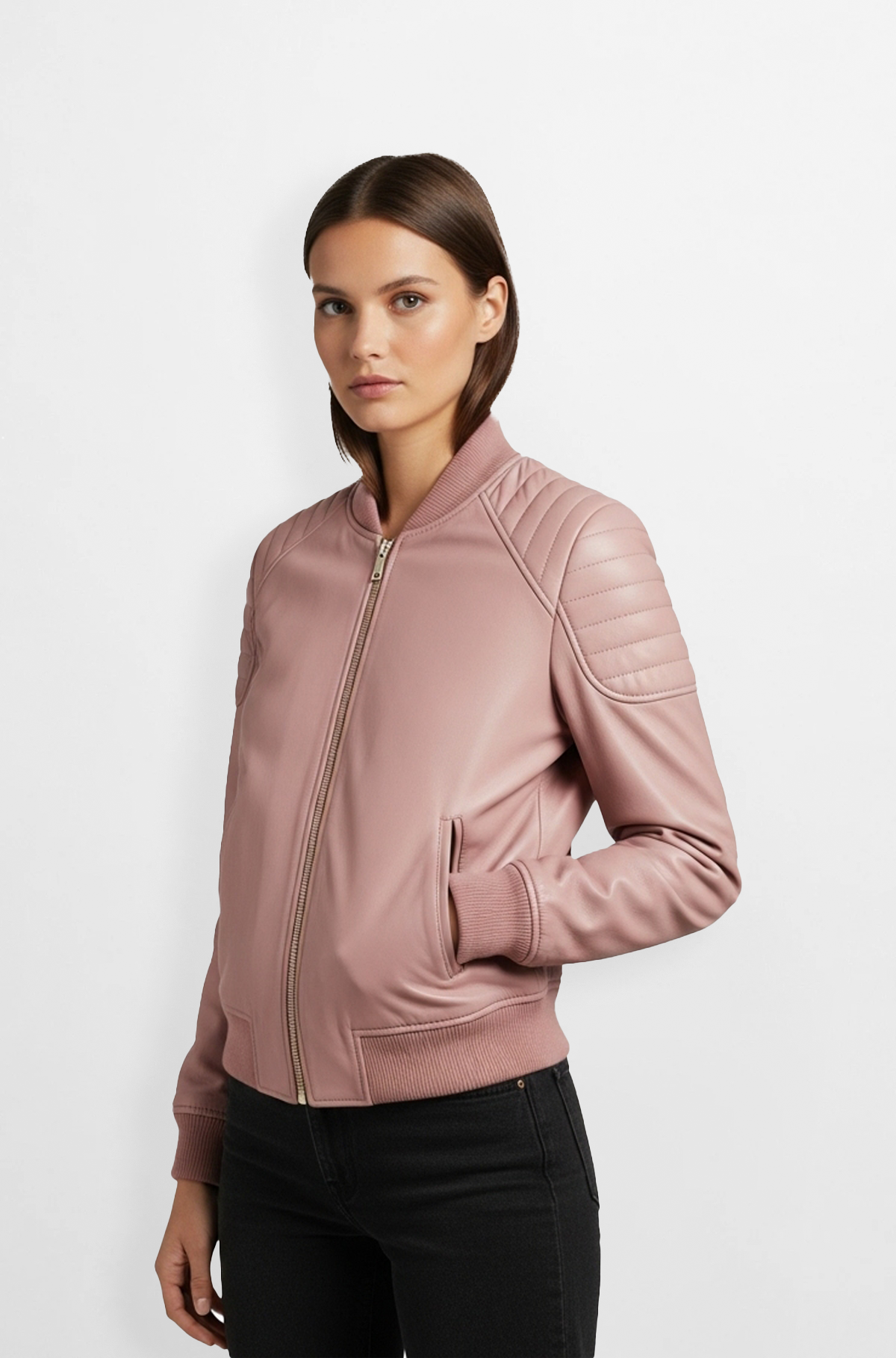 Blush Pink Leather Bomber Jacket
