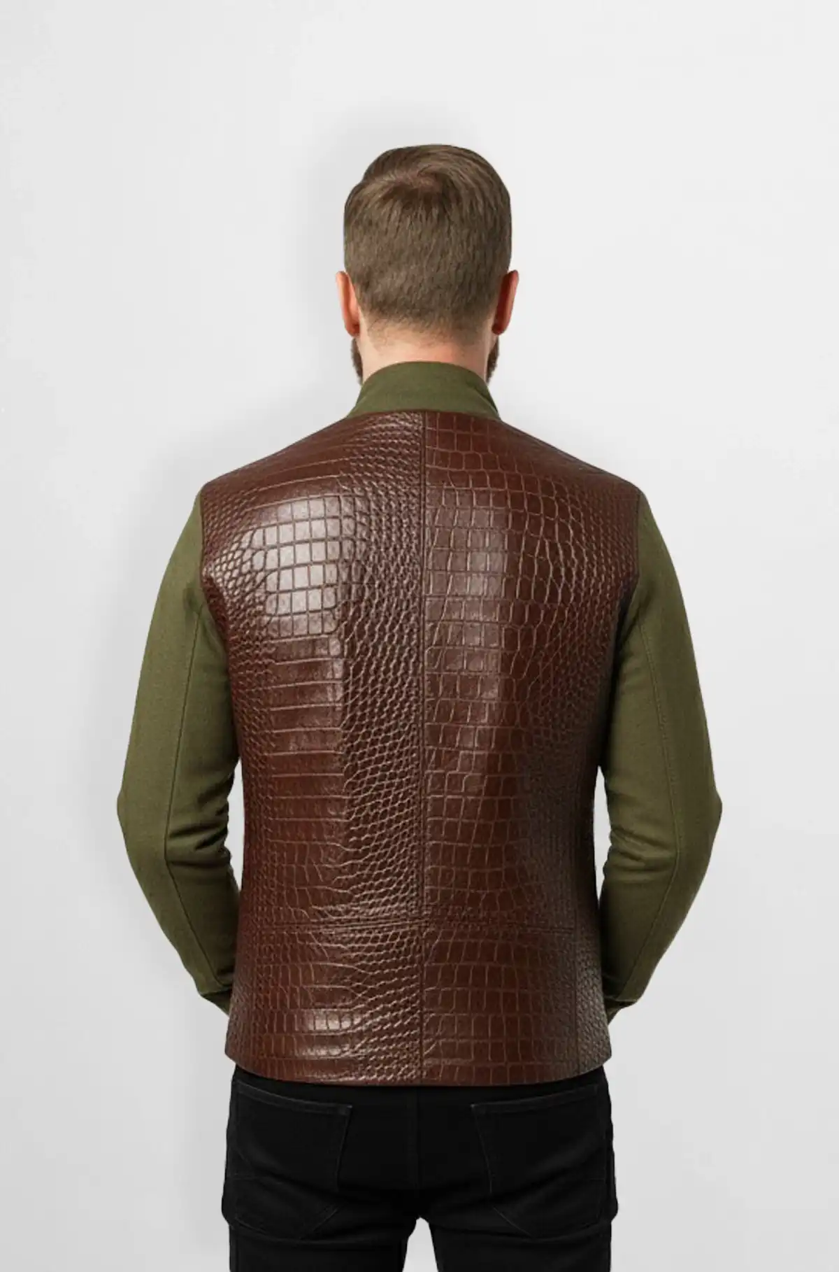 Brown And Olive Green Crocodile Leather Wool Bomber Jacket