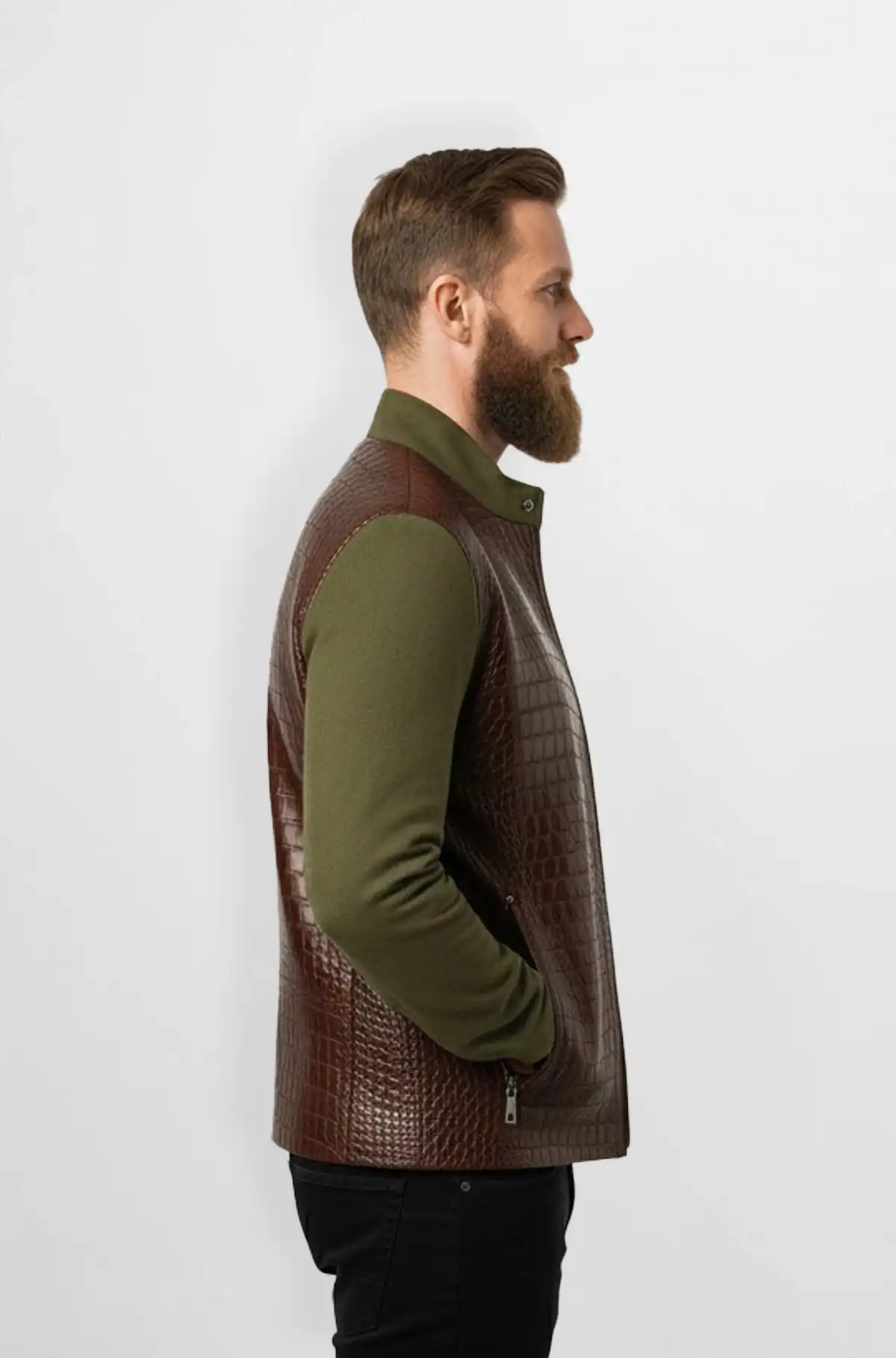 Brown And Olive Green Crocodile Leather Wool Bomber Jacket