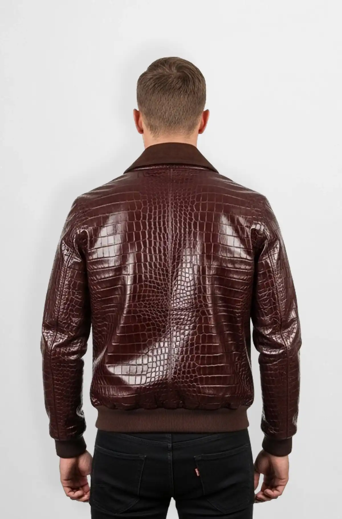 Brown Croc Embossed Bomber Leather Jacket