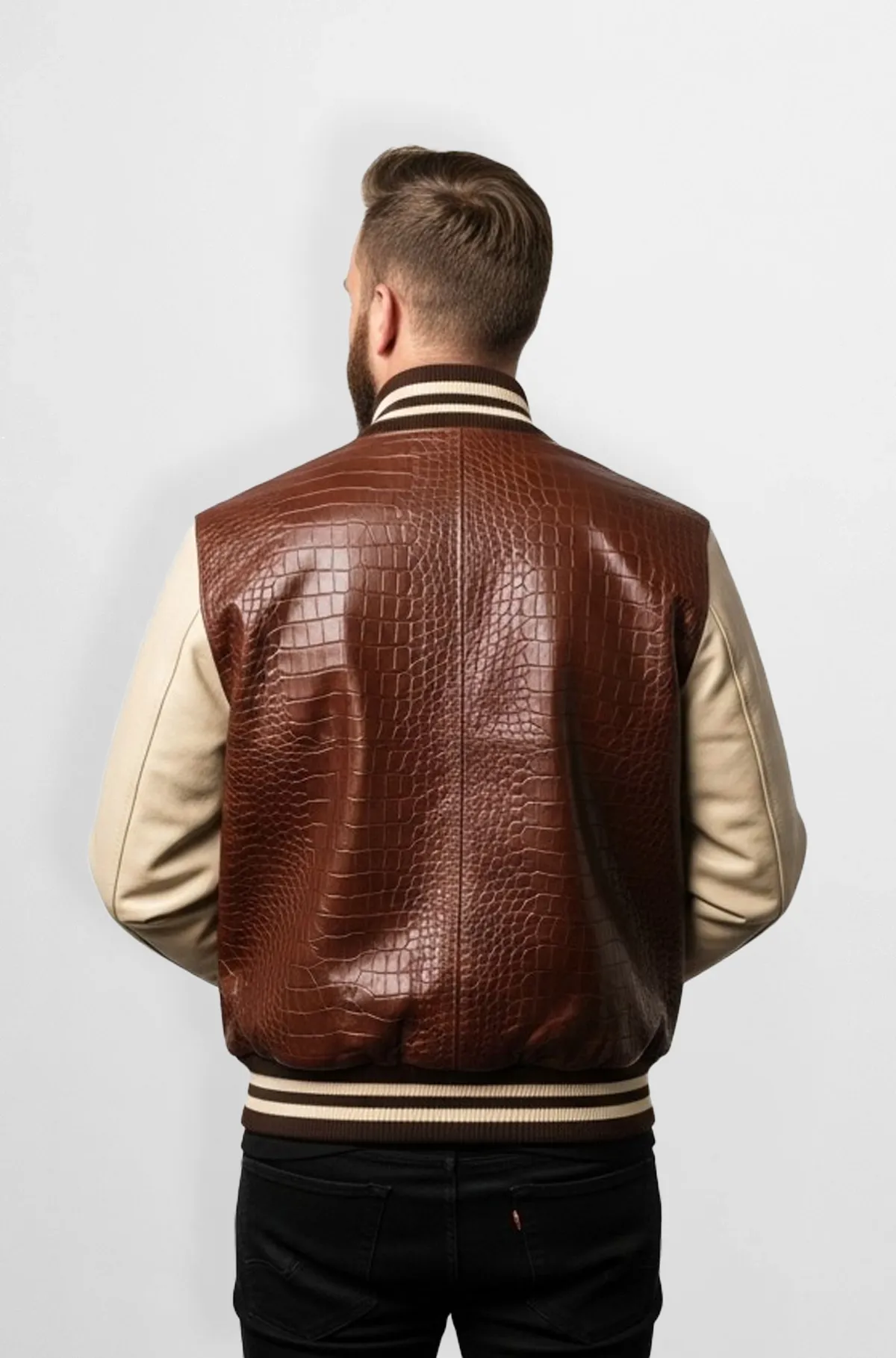 Brown Croc Embossed Varsity Leather Jacket