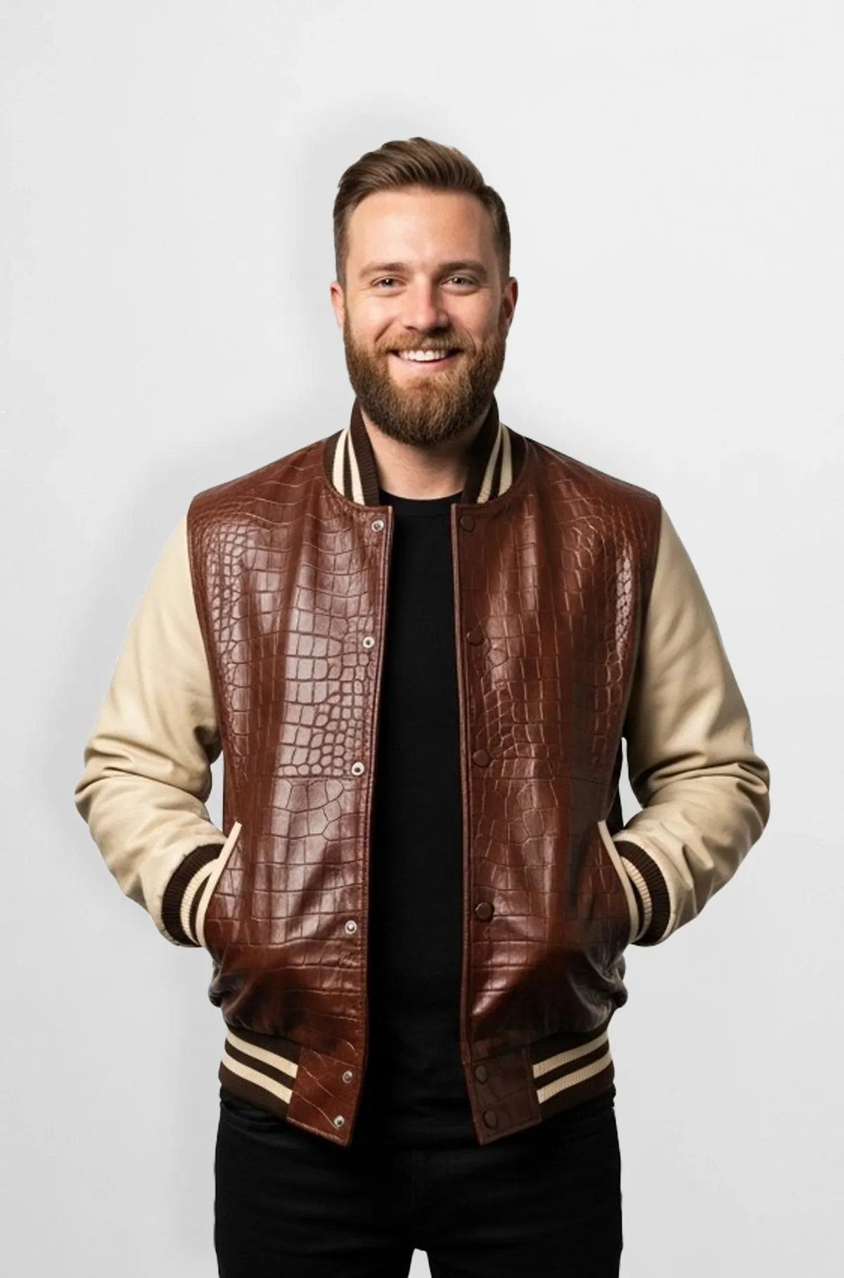 Brown Croc Embossed Varsity Leather Jacket