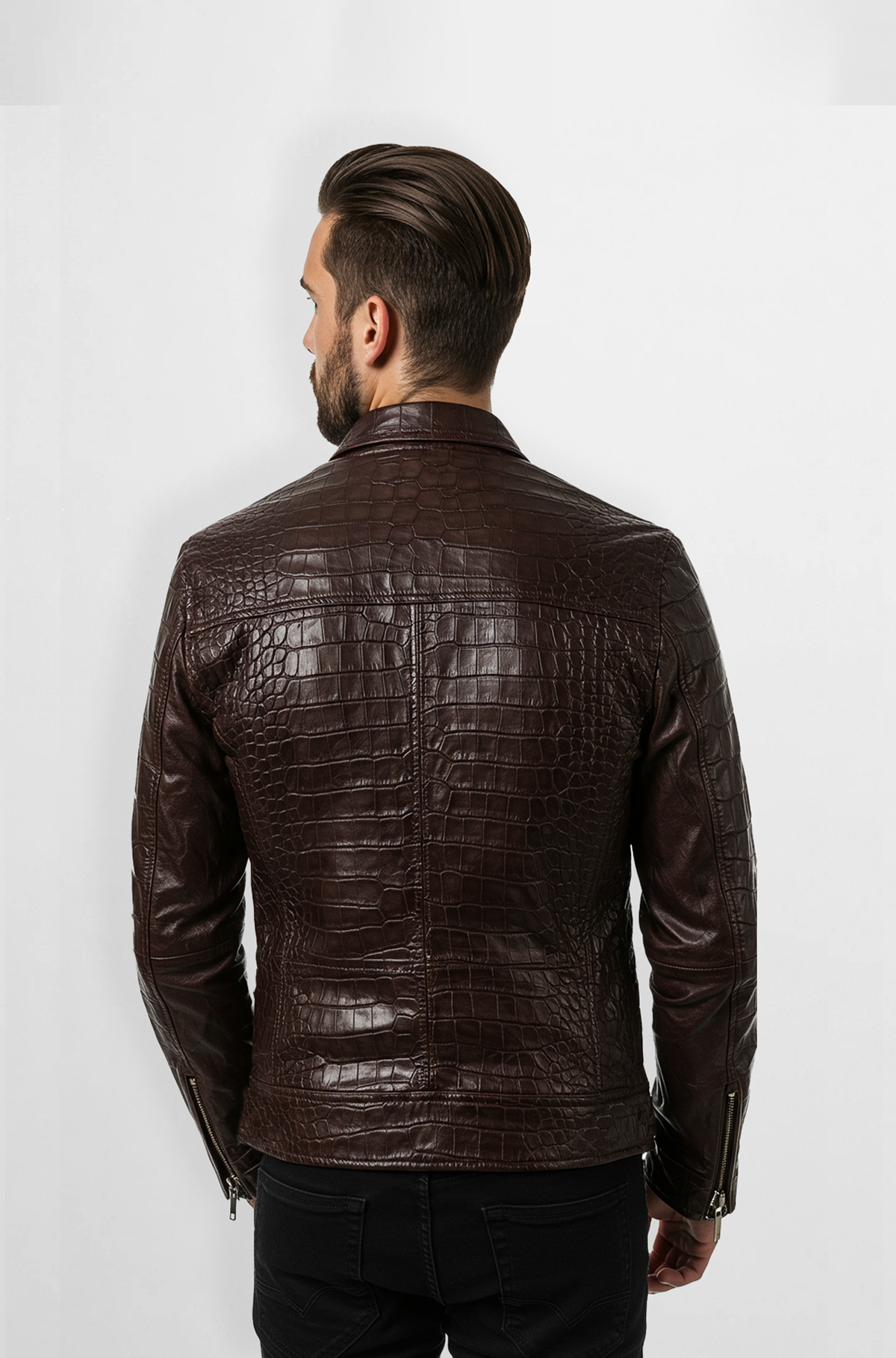 Brown Crocodile Embossed Leather Biker Jacket