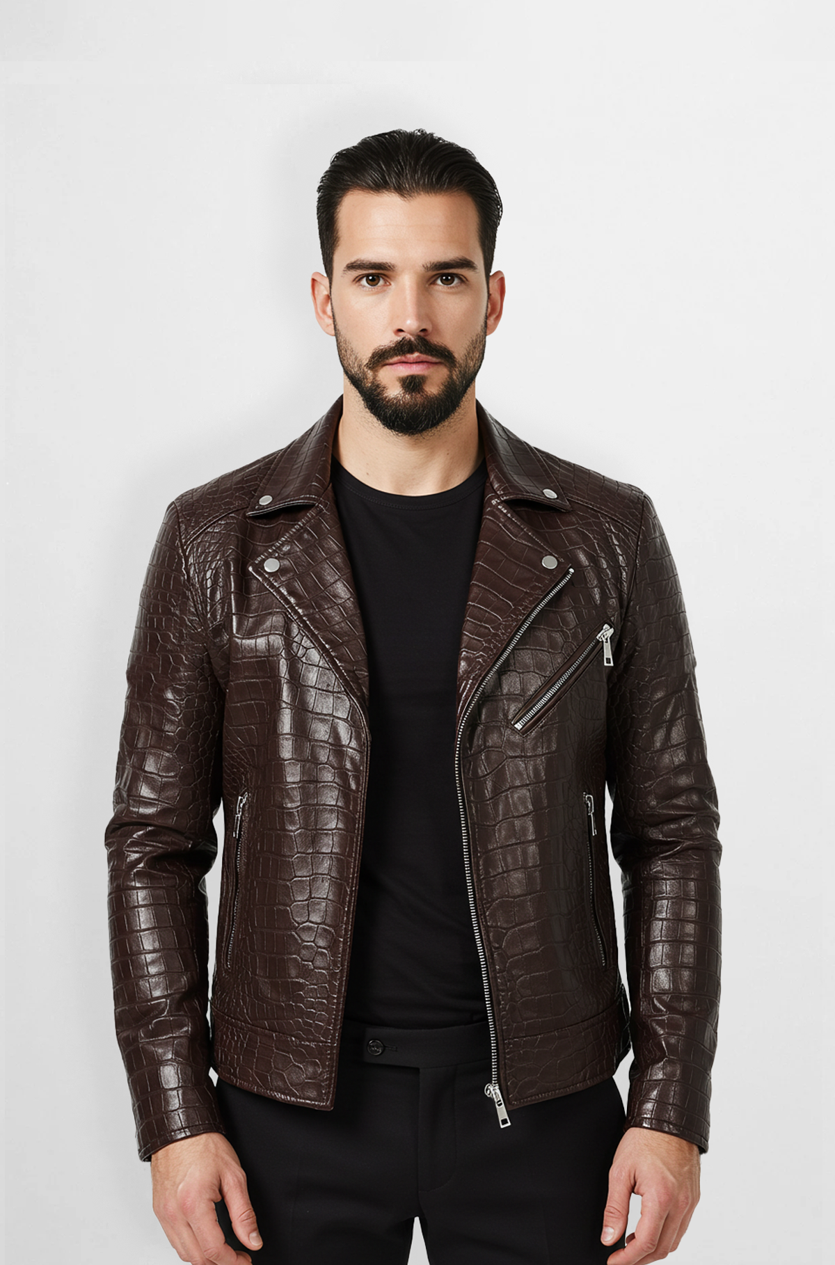 Brown Crocodile Embossed Leather Biker Jacket