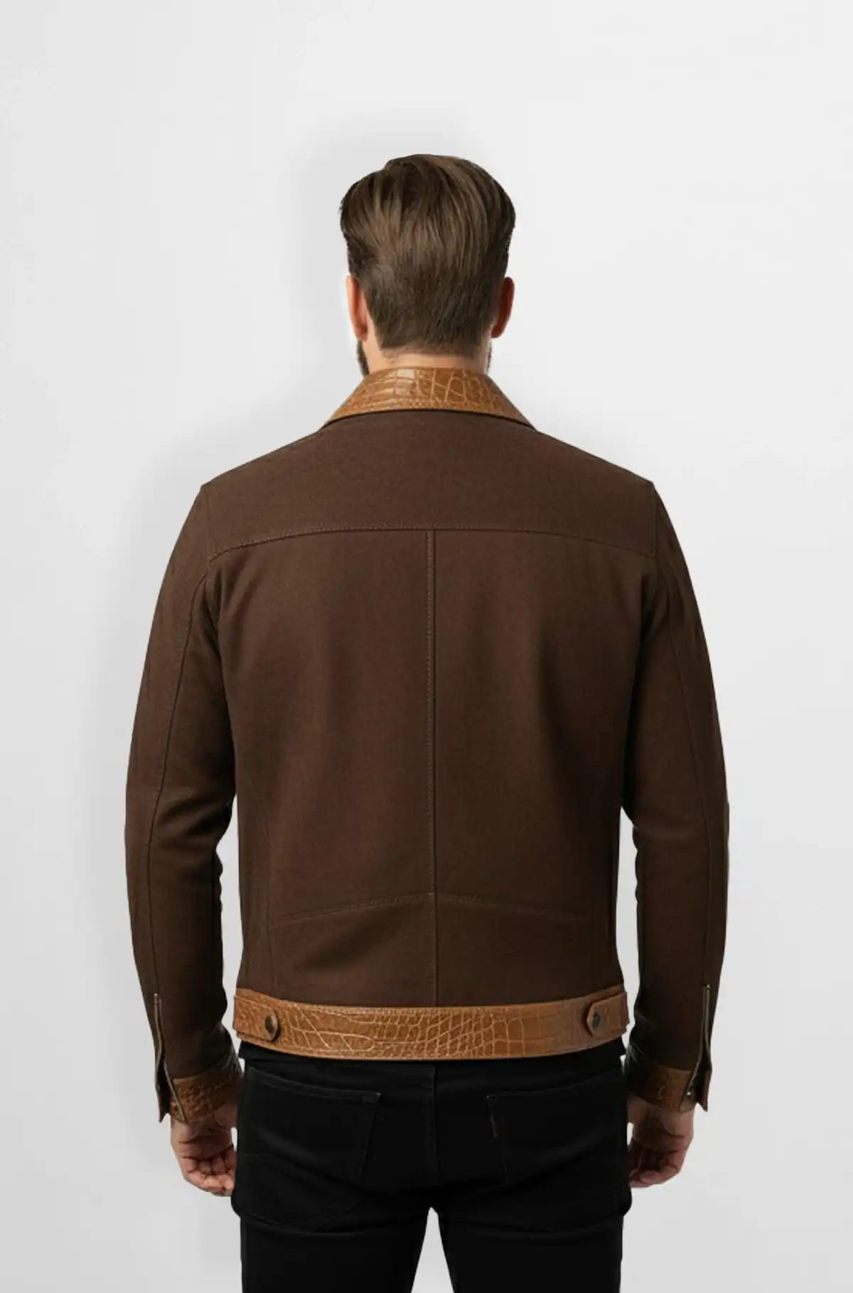 Brown Crocodile Leather Wool Trucker Jacket