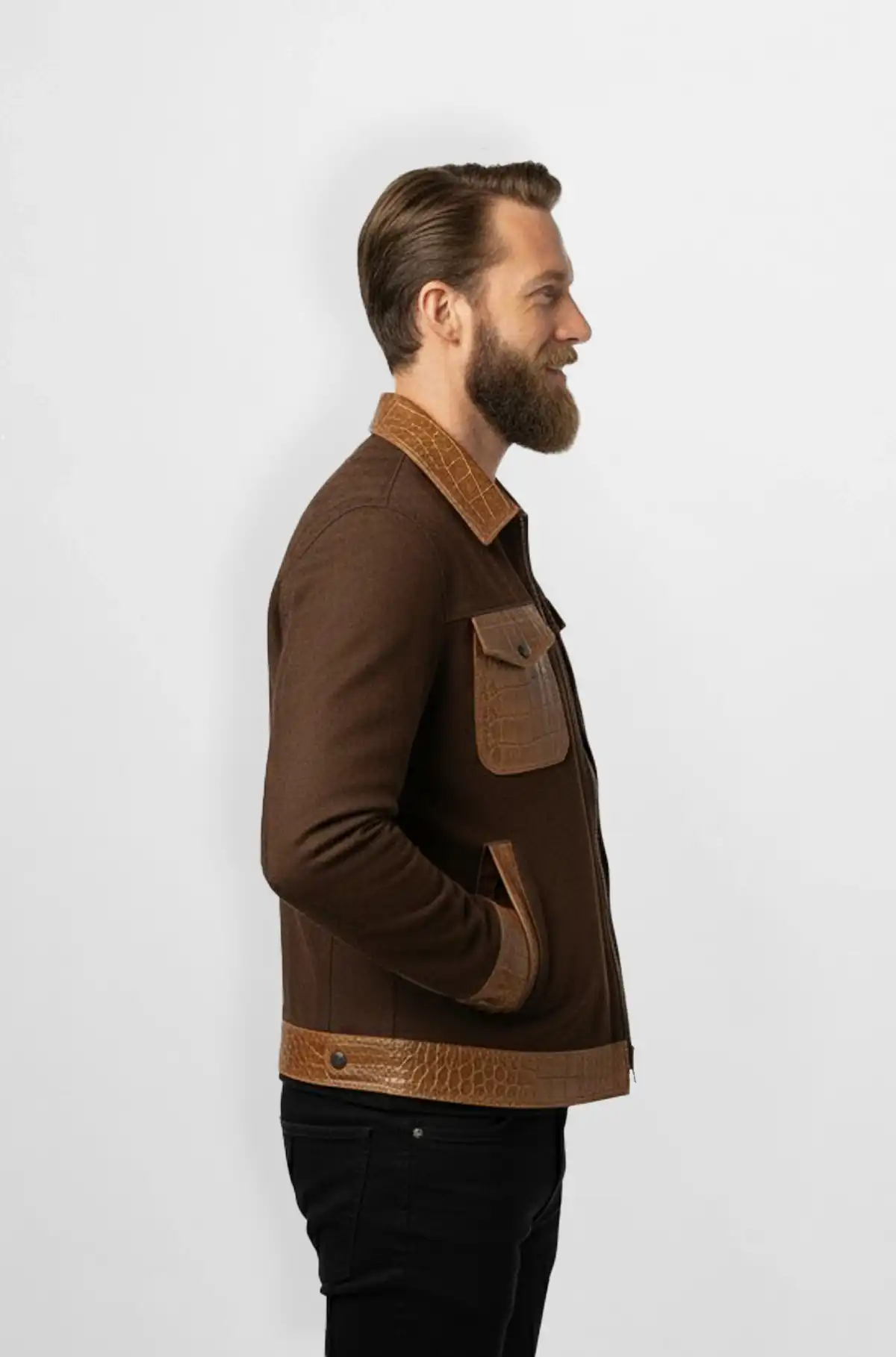 Brown Crocodile Leather Wool Trucker Jacket