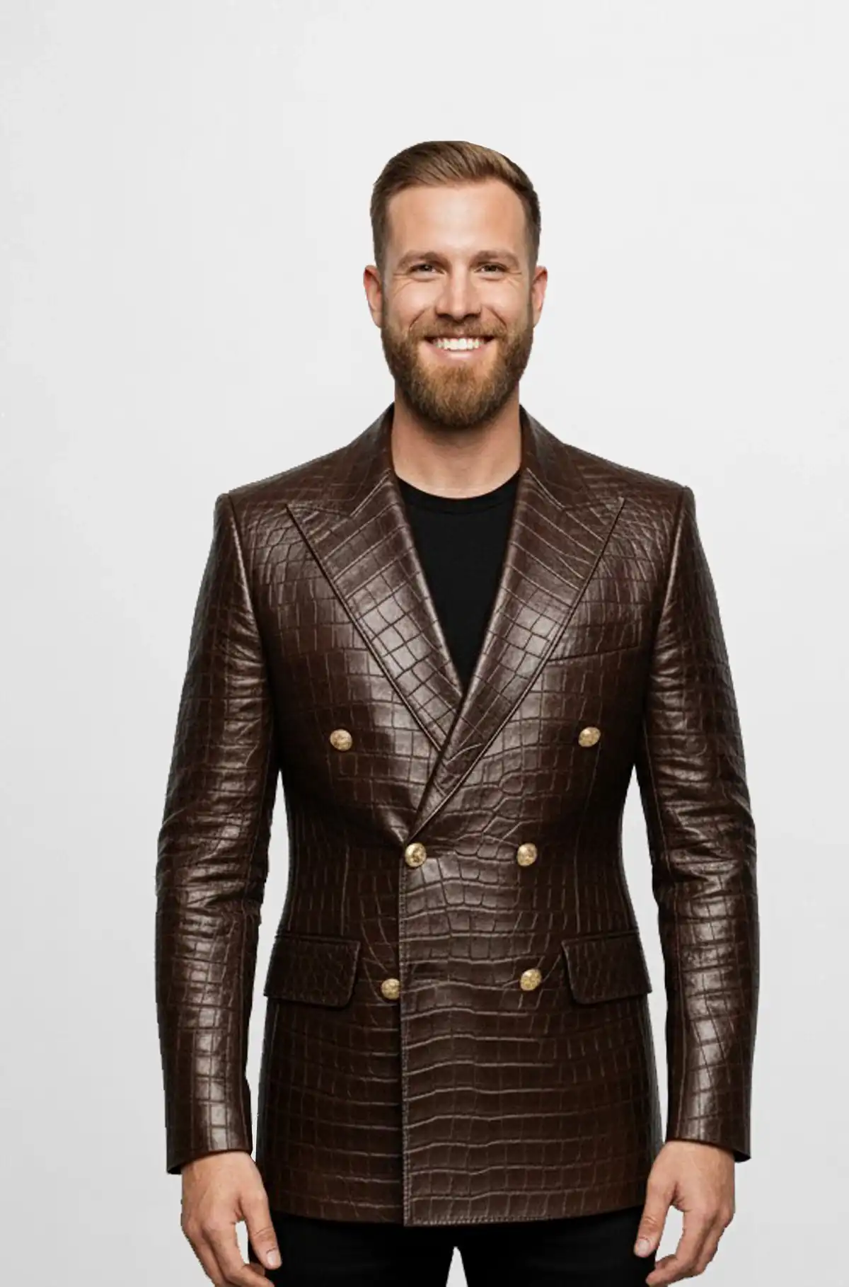 Brown Double Breasted Crocodile Leather Blazer