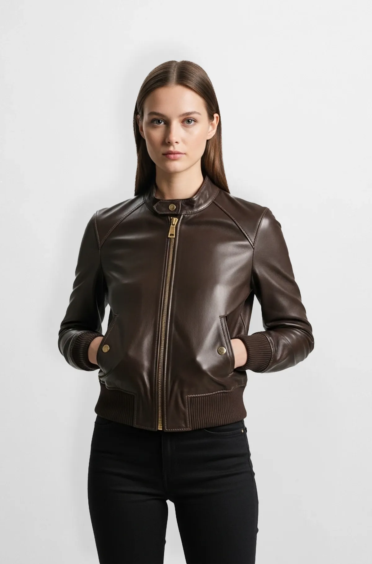Brown Leather Bomber Jacket with Golden Zipper