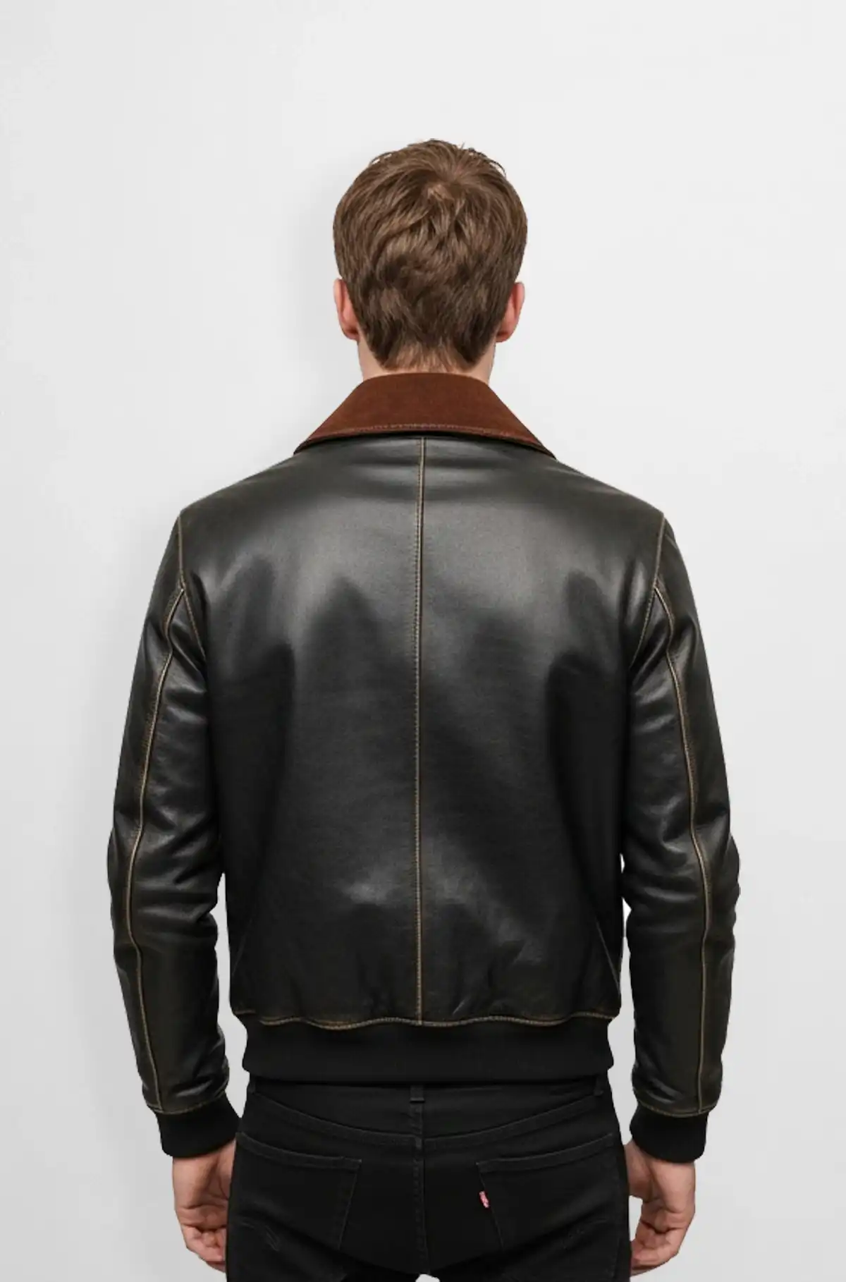 Brown Leather Bomber Jacket with Suede Collar