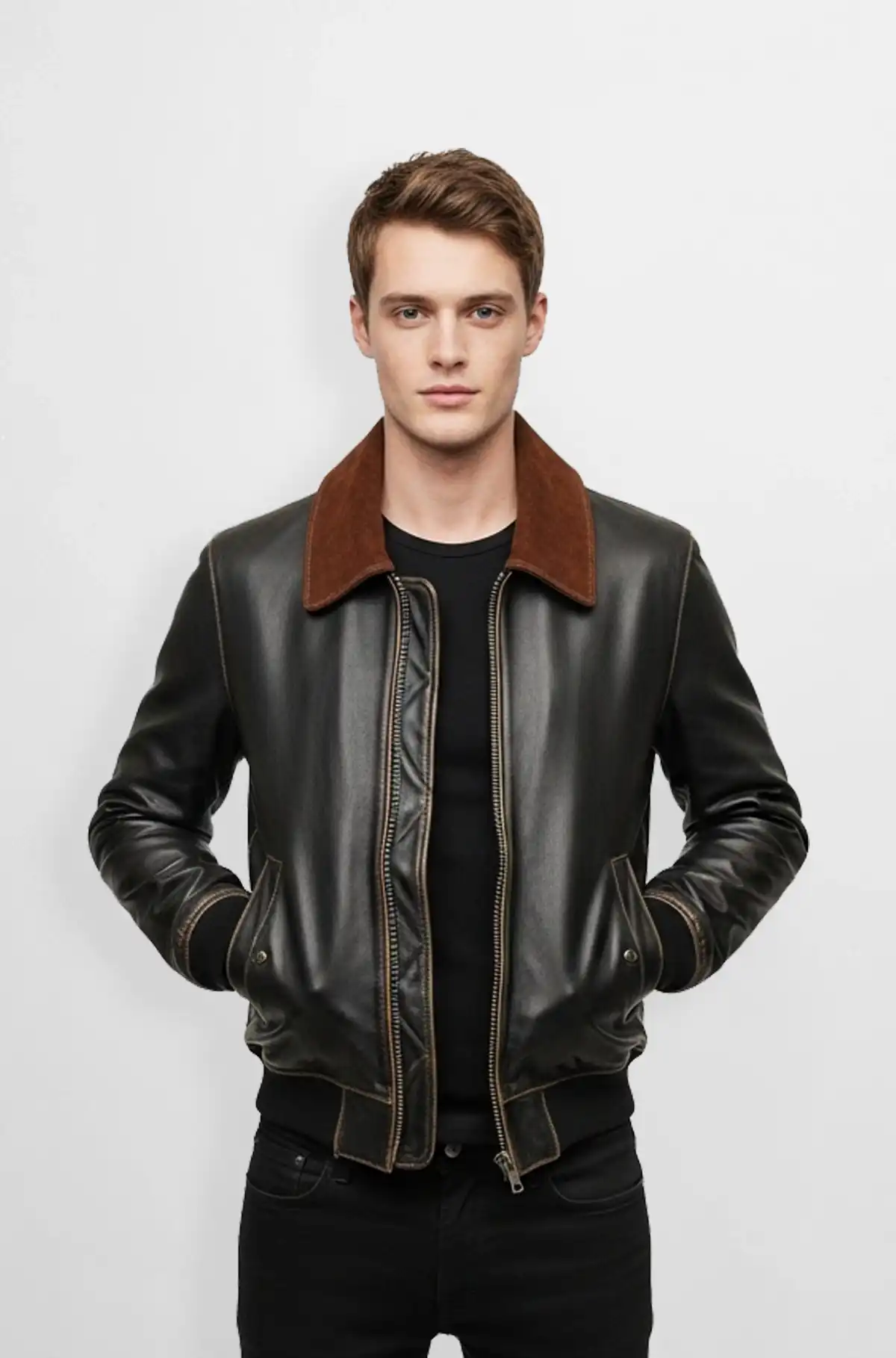 Brown Leather Bomber Jacket with Suede Collar
