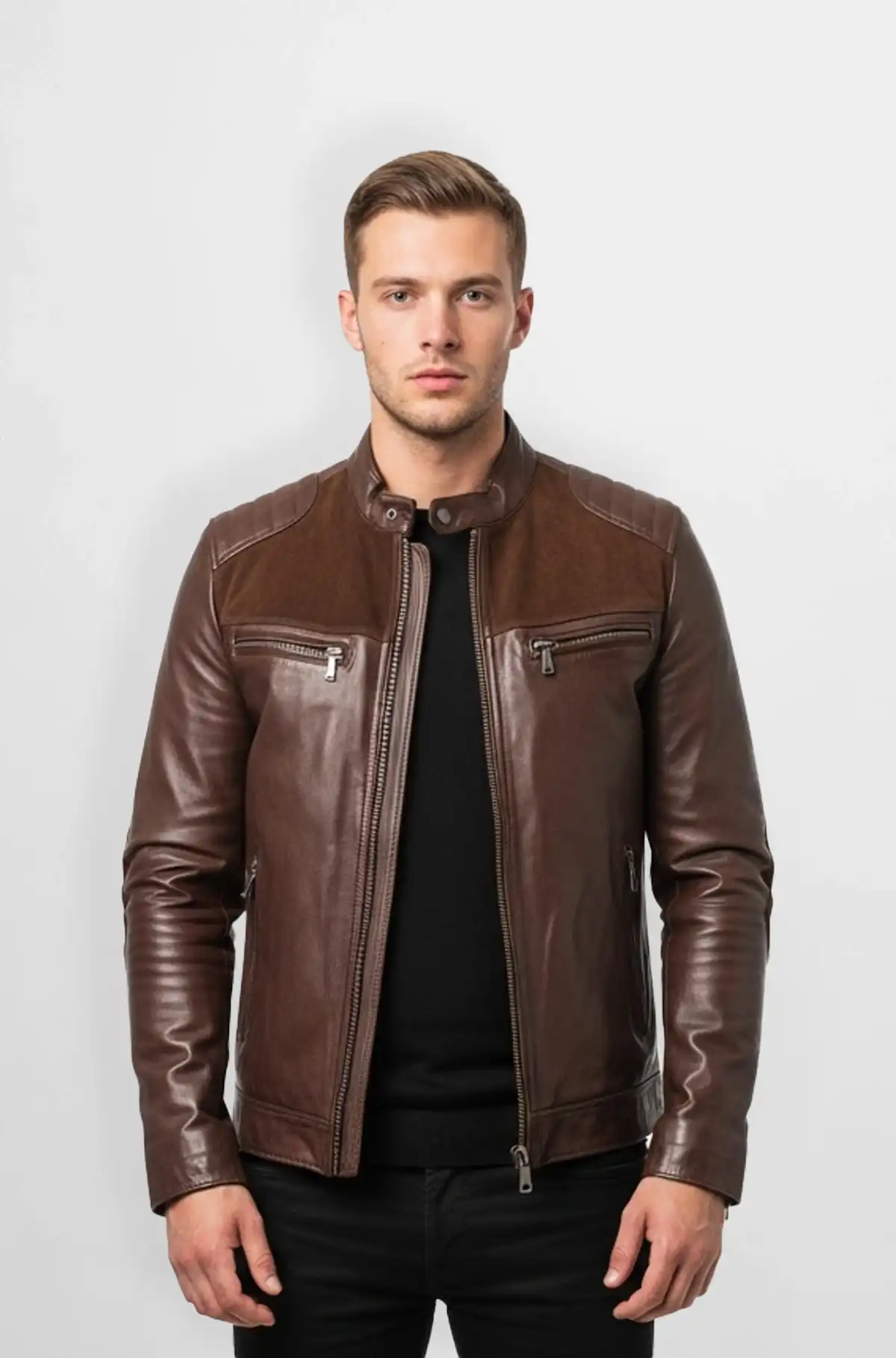Brown Leather Bomber Jacket with Zipper Pockets Brown Leather Bomber Jacket with Zipper Pockets