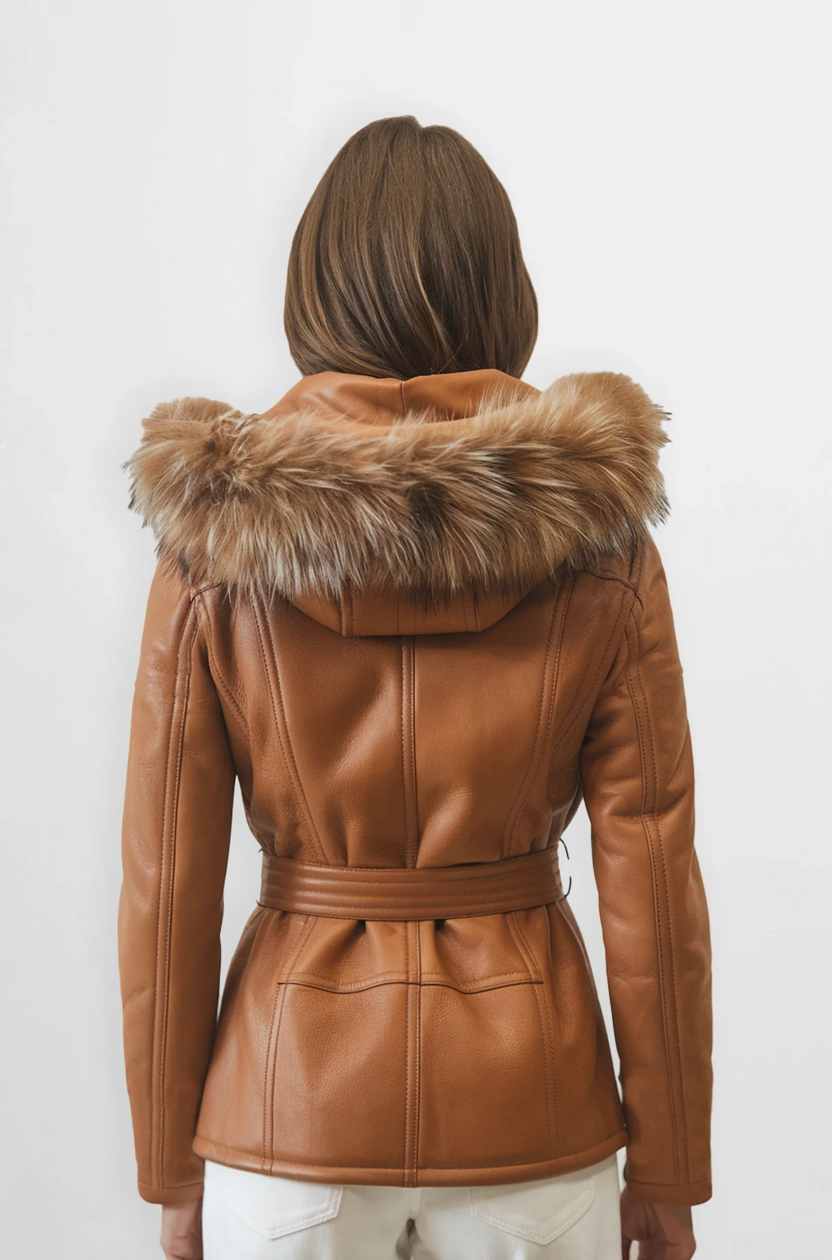 Brown Leather Jacket with Fur Hood