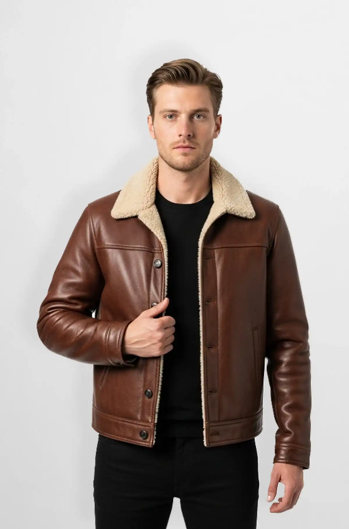 Classic Grind Brown Leather Jacket with Shearling Collar