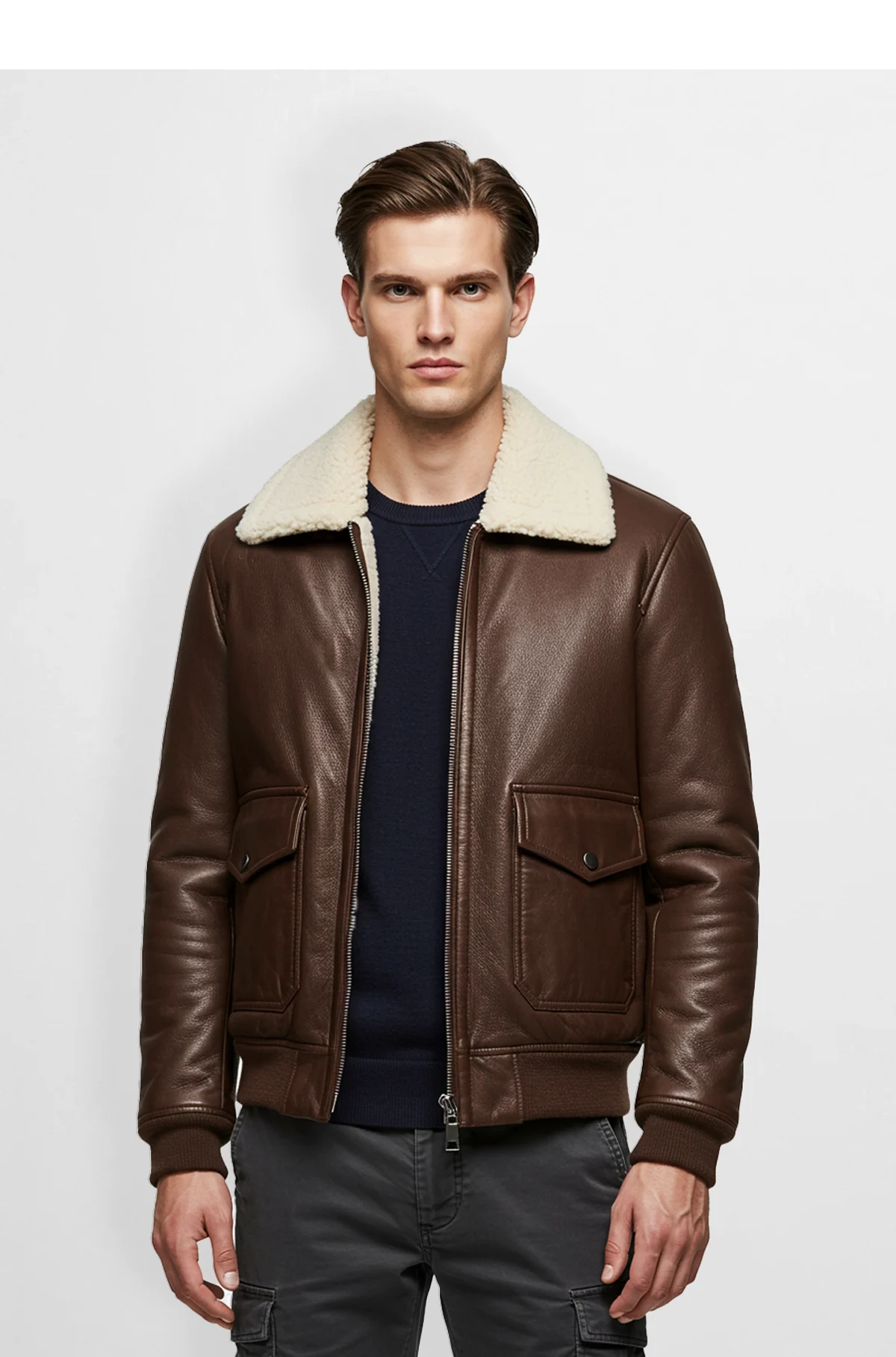 Brown Leather Shearling Jacket for Men