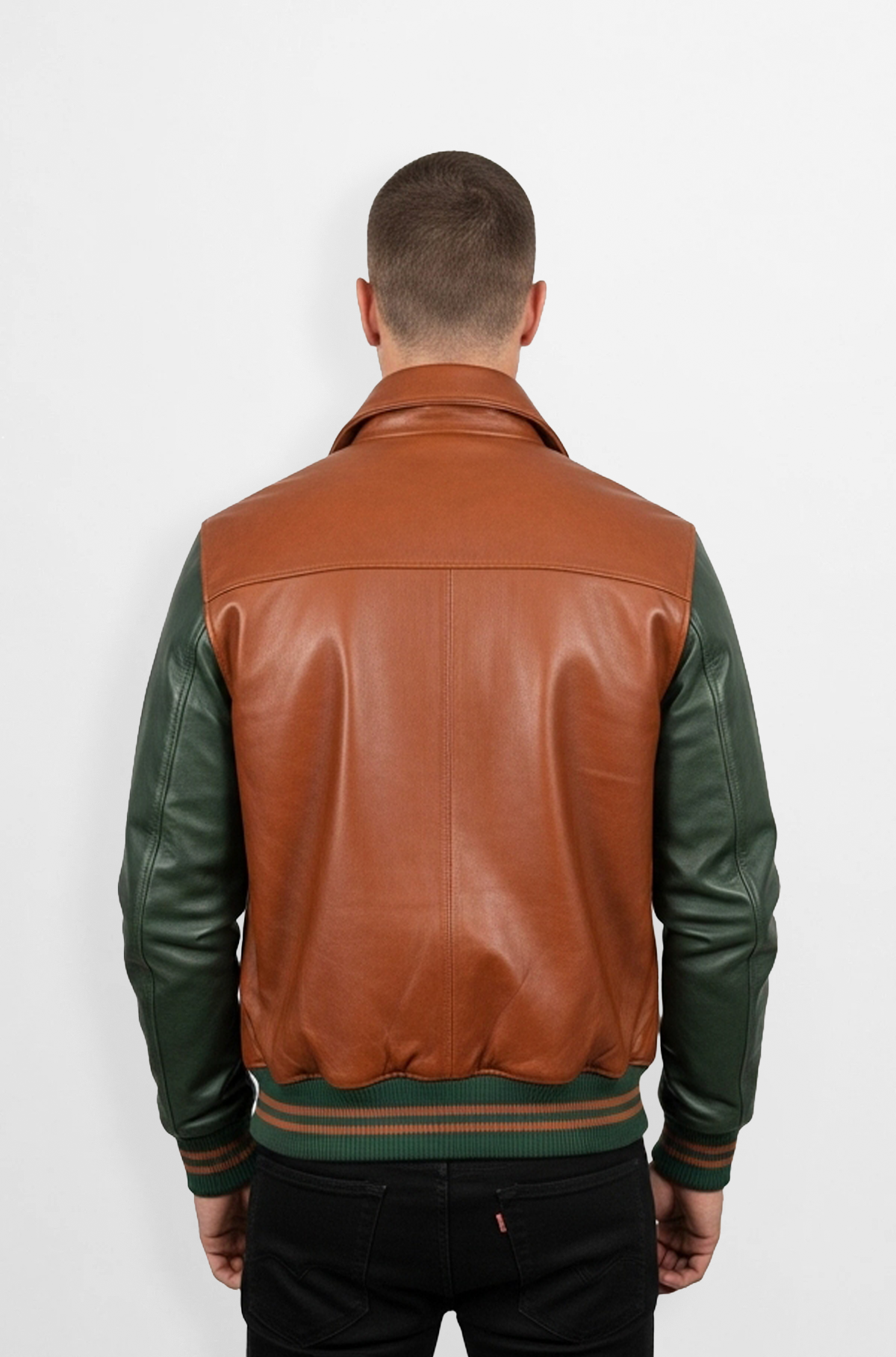 Brown Leather Varsity Jacket with green sleeve Brown Leather Varsity Jacket with green sleeve