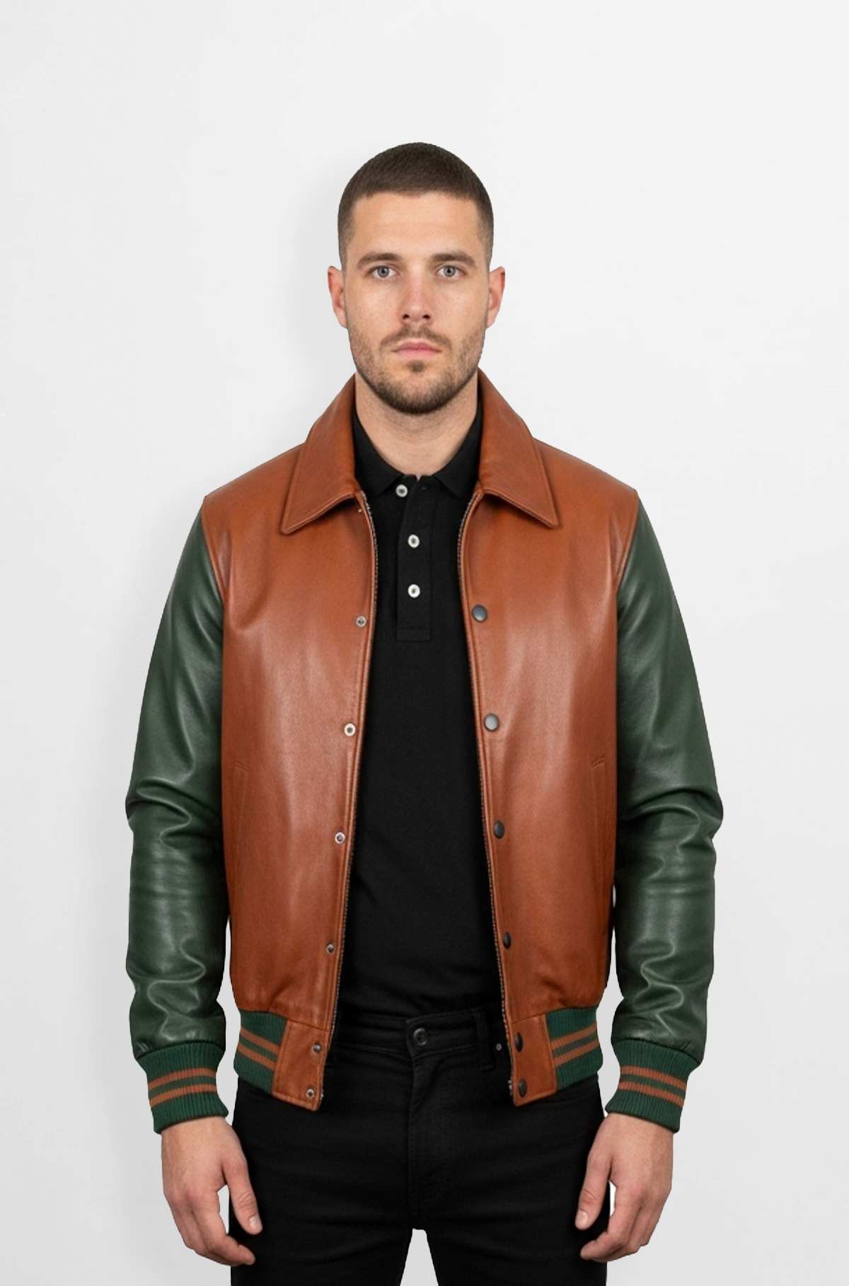 Brown Leather Varsity Jacket with green sleeve Brown Leather Varsity Jacket with green sleeve